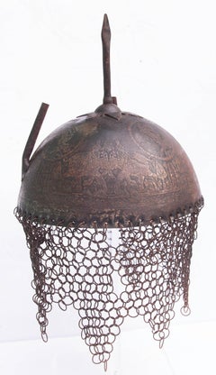 Islamic Persian iron helmet with chainmail. Engraved with Elephants