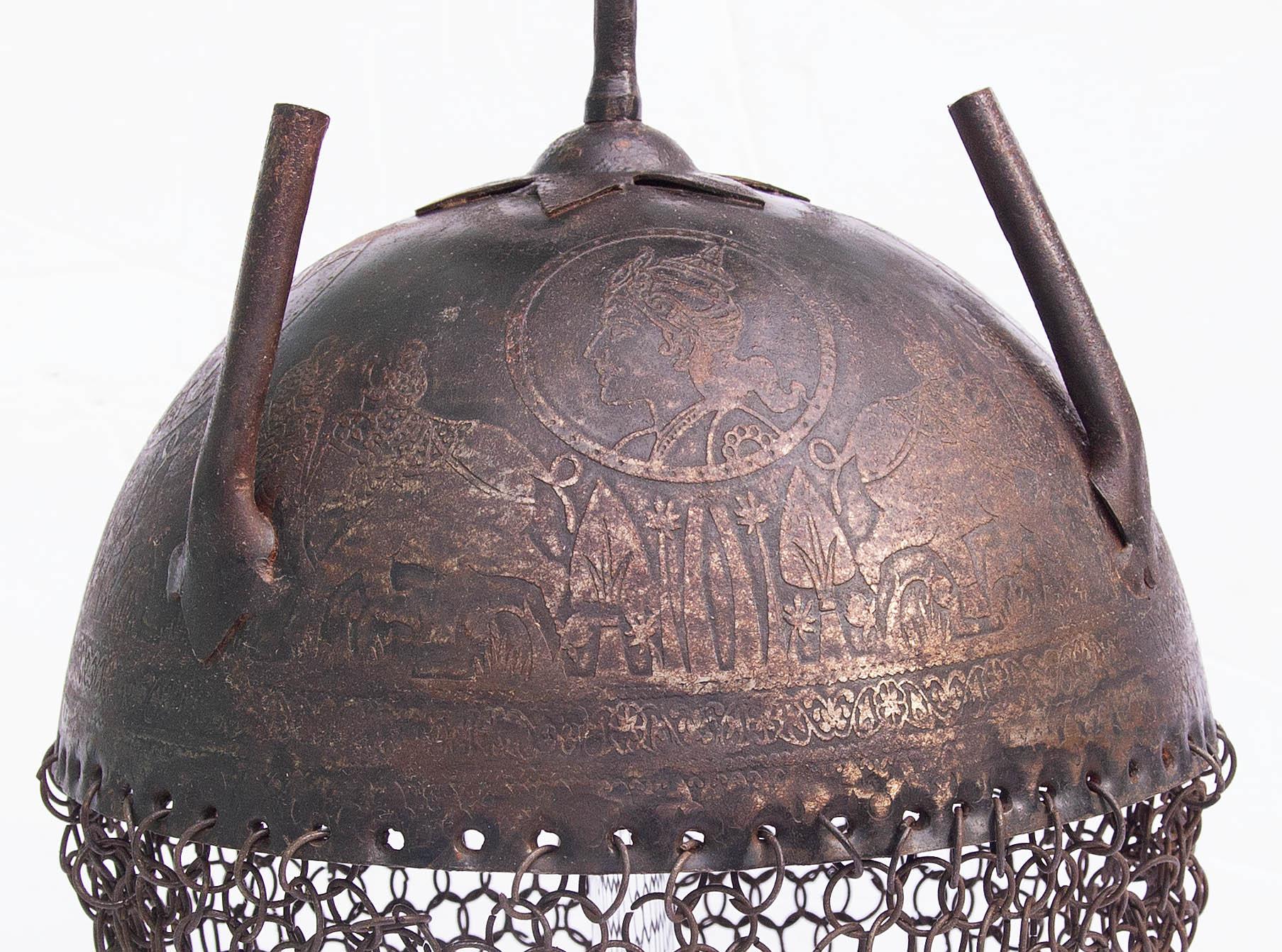 Islamic Persian iron helmet with chainmail. Engraved with Elephants In Good Condition For Sale In Rochester, NY