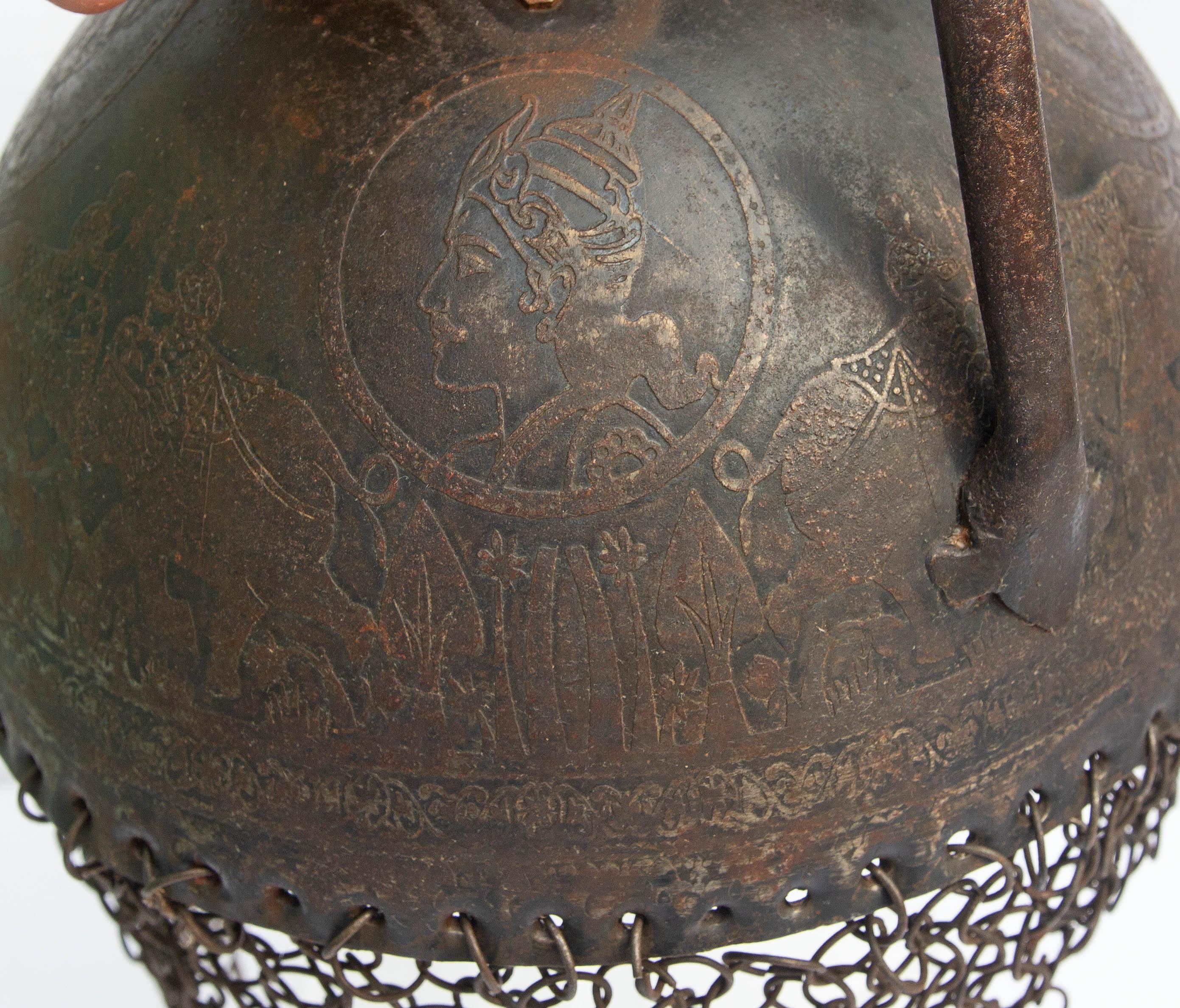 Islamic Persian iron helmet with chainmail. Engraved with Elephants For Sale 1