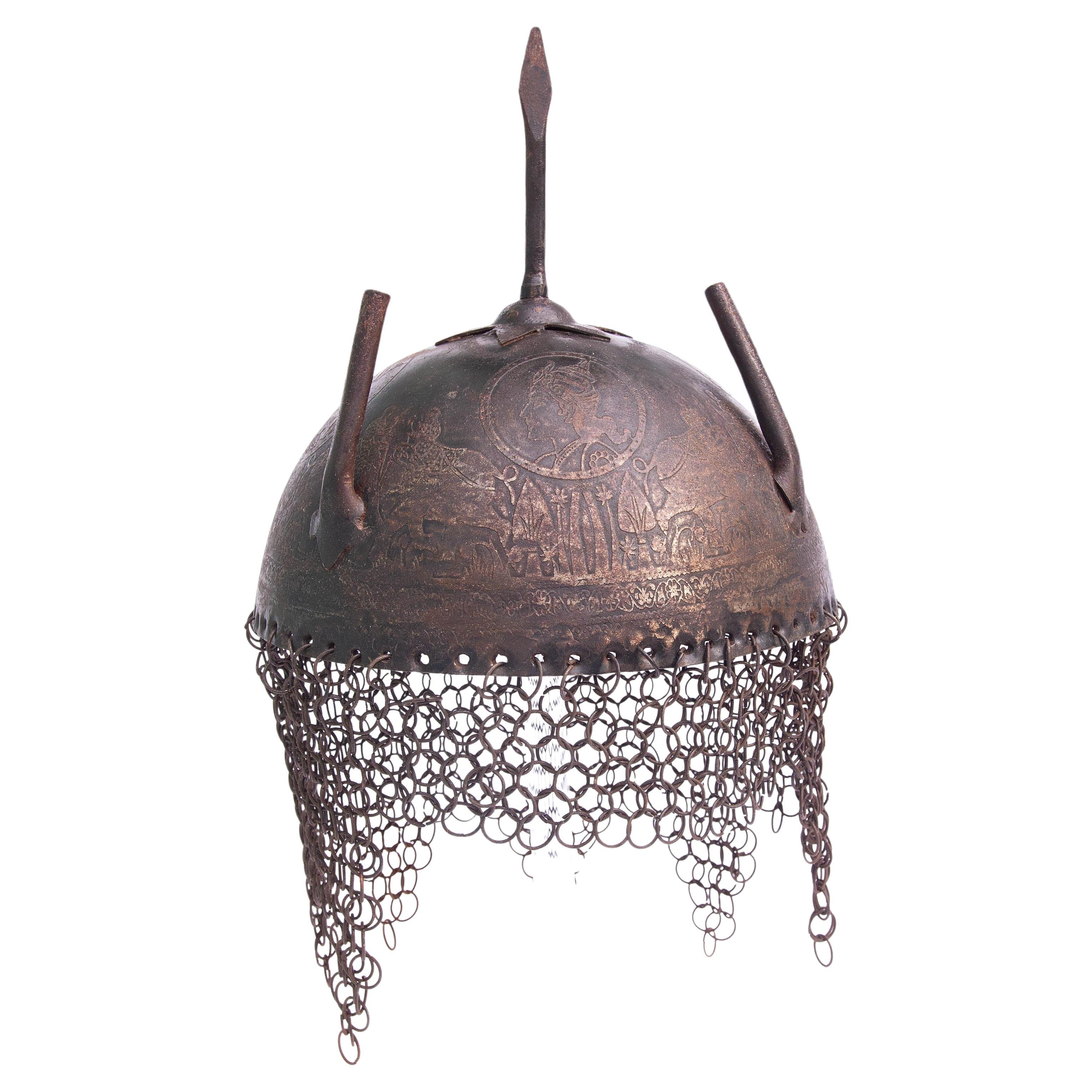 Islamic Persian iron helmet with chainmail. Engraved with Elephants For Sale