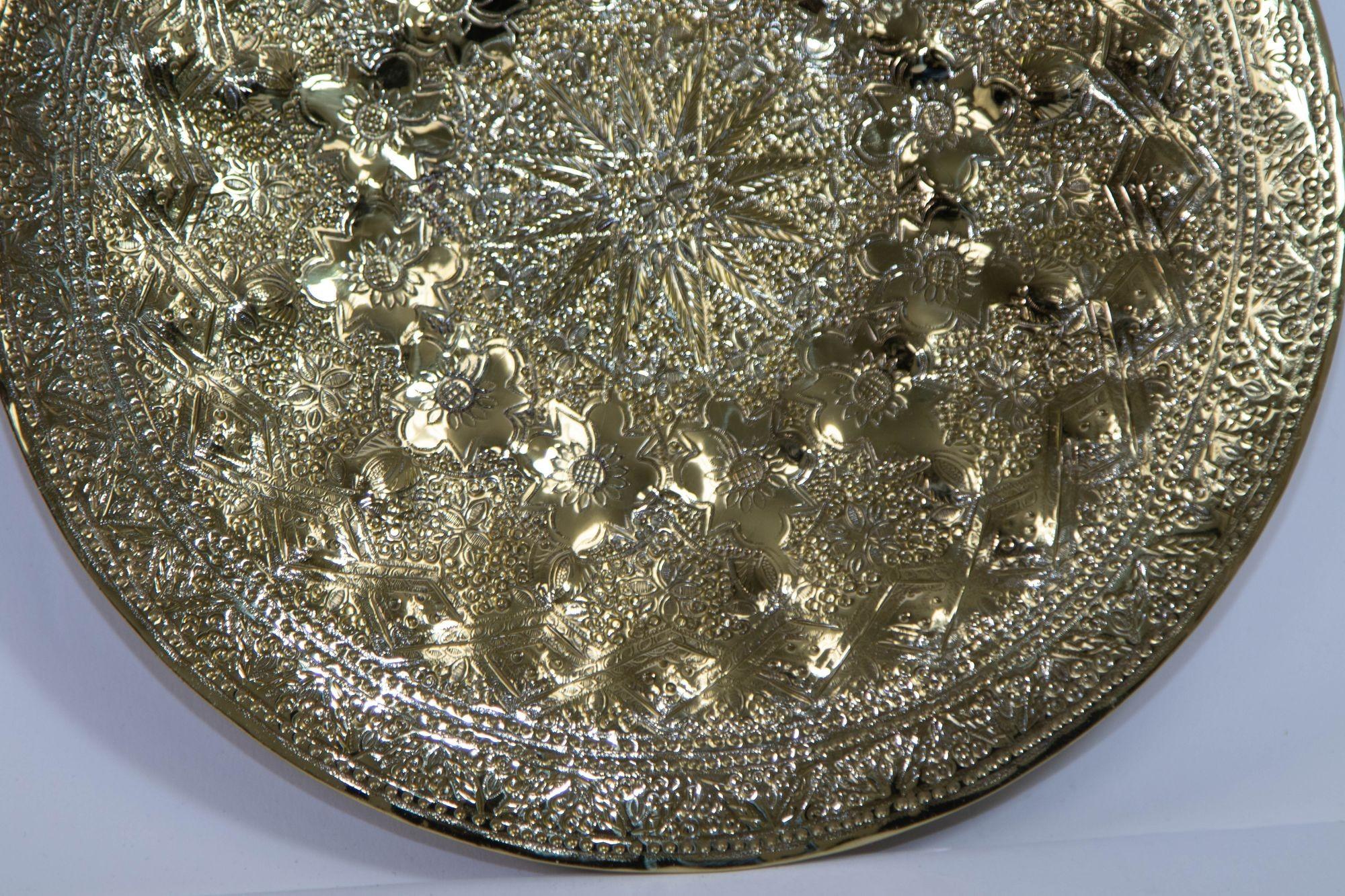 Asian Islamic Persian Polished Brass Tray Collectible Metal Work Platter 10 inches D. For Sale