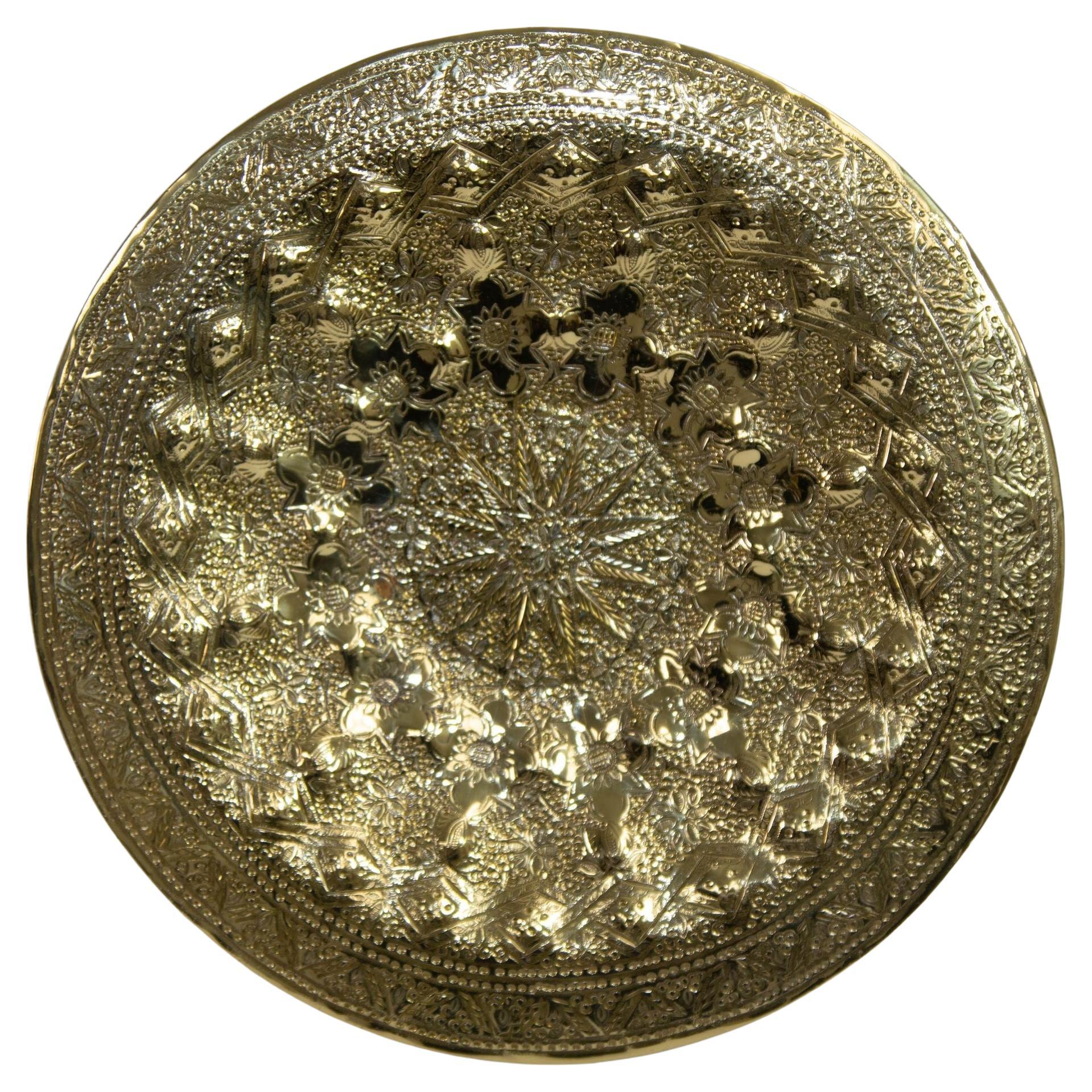 Islamic Persian Polished Brass Tray Collectible Metal Work Platter 10 inches D. For Sale