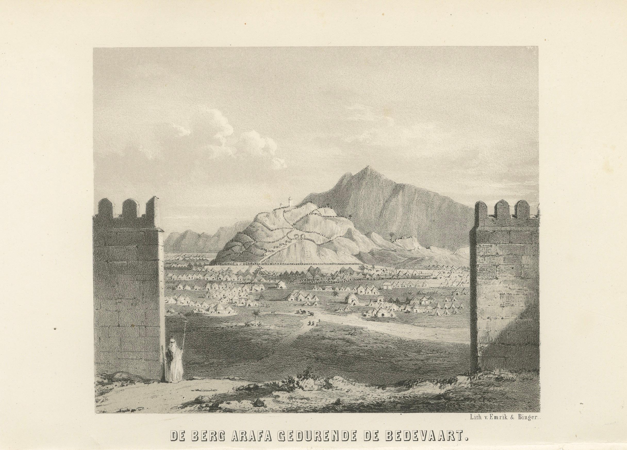 Islamic Pilgrimage Print Mount Arafat During Hajj, 1863 Dutch Lithograph Mediados del siglo XIX en venta