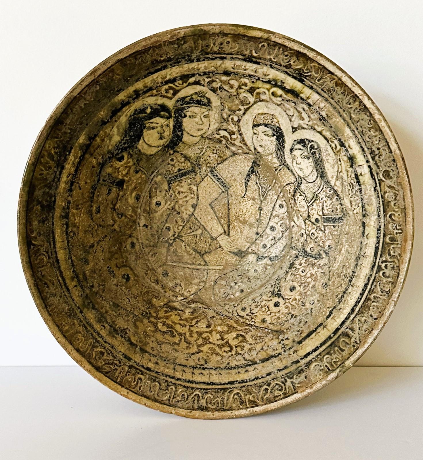 Persian Islamic Pottery Bowl with Figurative Paint Kashan Ware For Sale