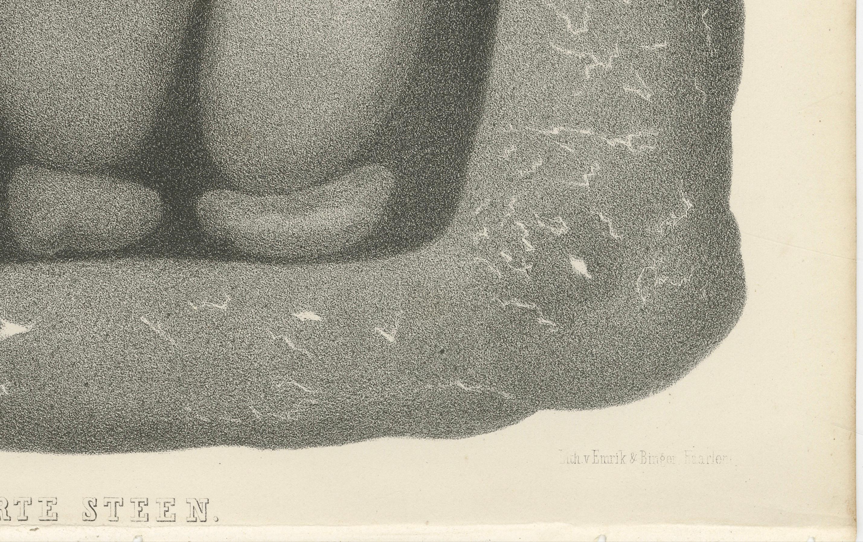 Islamic Relic Print The Black Stone of Mecca, 1863 Dutch Lithograph

This fascinating lithograph titled “De Zwarte Steen” (The Black Stone) presents a rare and detailed 19th-century European rendering of one of Islam’s most sacred relics: the Black