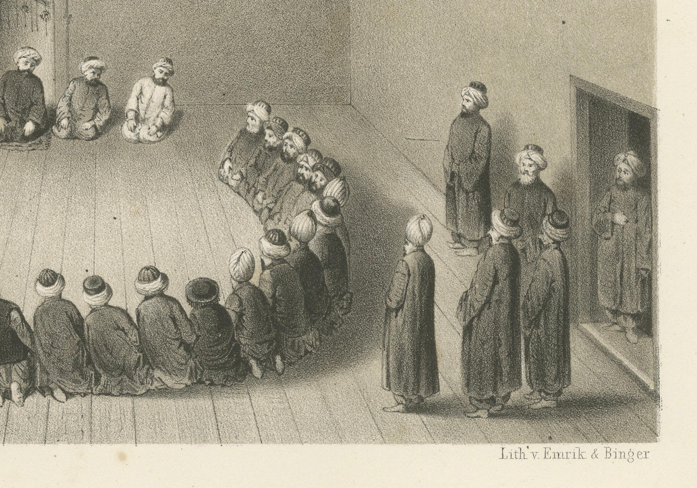 Impression rituelle islamique Danse des derviches Cérémonie, 1863 Lithographie hollandaise

Cette lithographie atmosphérique intitulée 