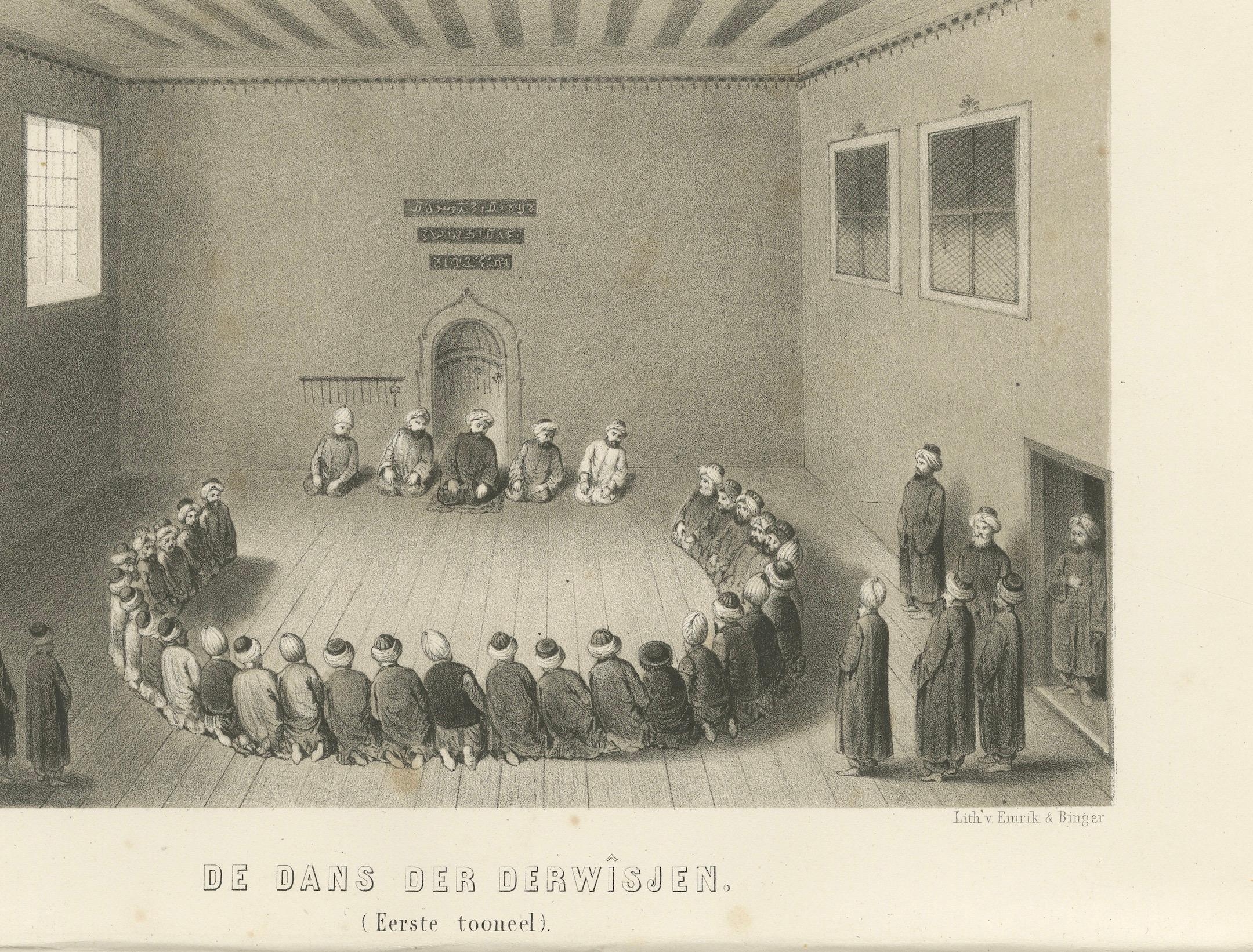 Impression rituelle islamique Danse des derviches Cérémonie, 1863 Lithographie hollandaise Bon état - En vente à Langweer, NL