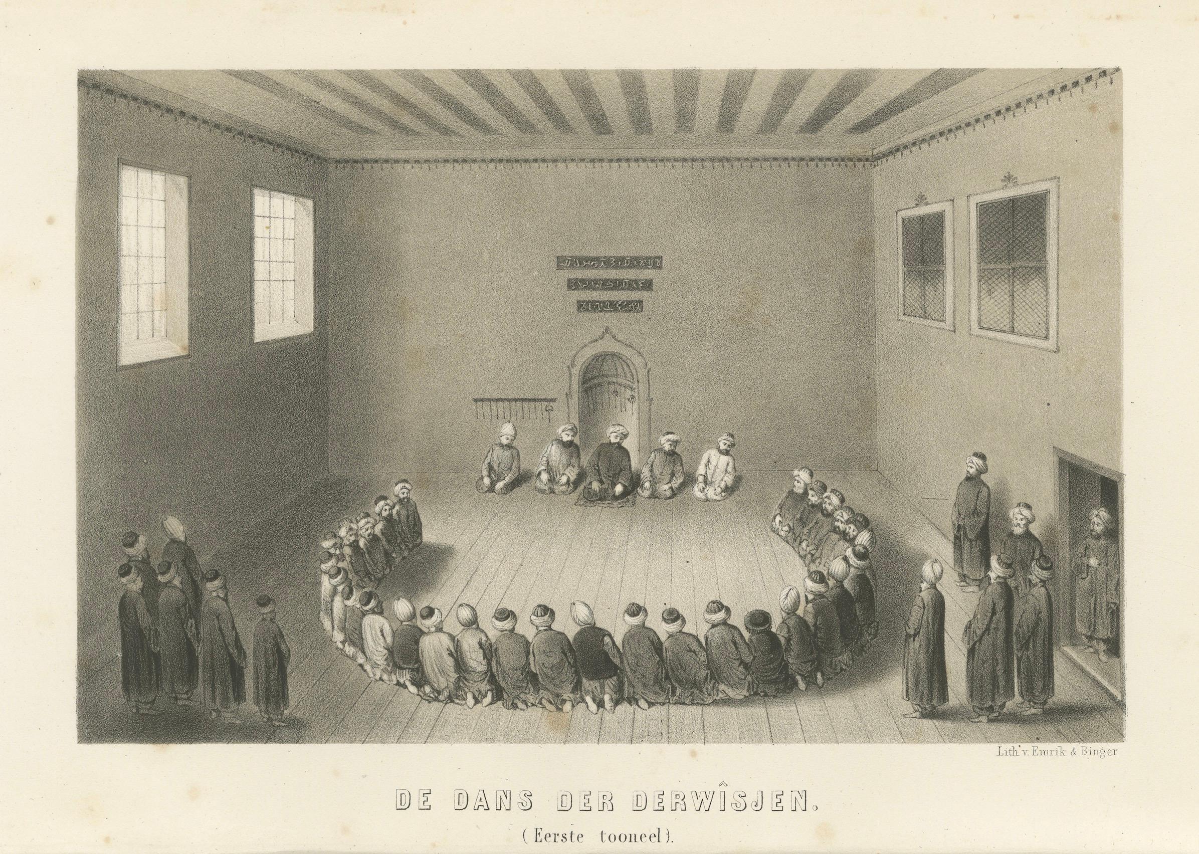 Papier Impression rituelle islamique Danse des derviches Cérémonie, 1863 Lithographie hollandaise en vente