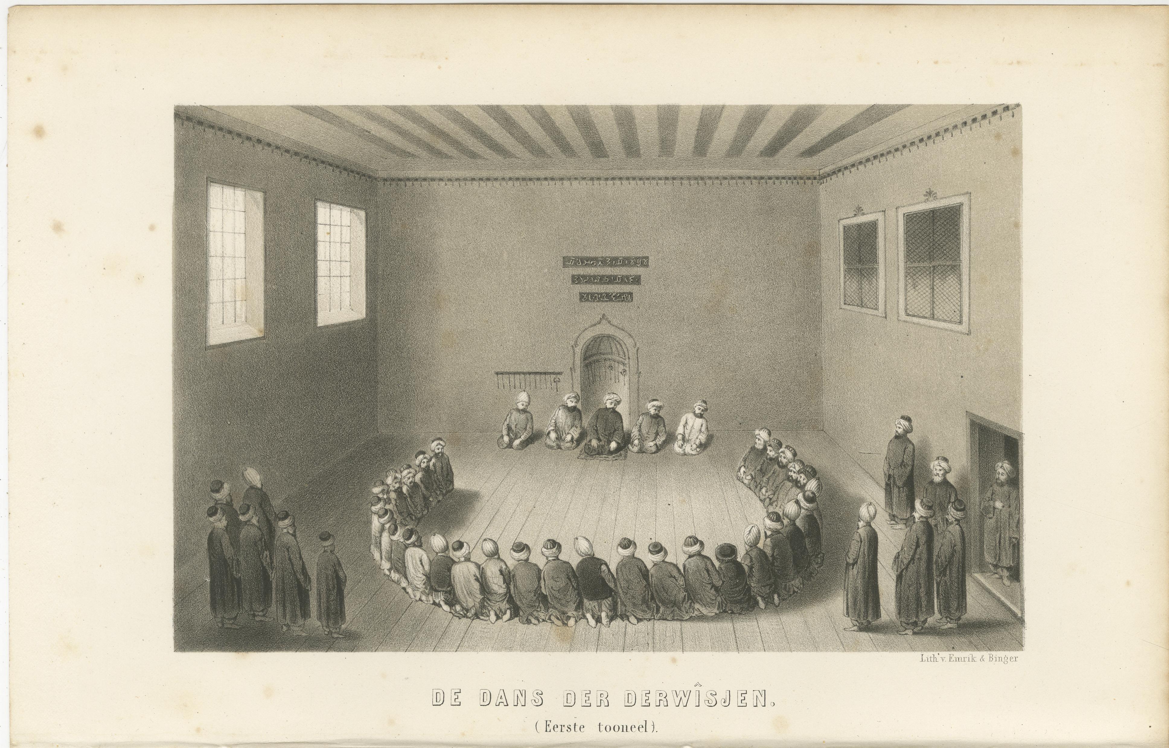 Impression rituelle islamique Danse des derviches Cérémonie, 1863 Lithographie hollandaise en vente 1