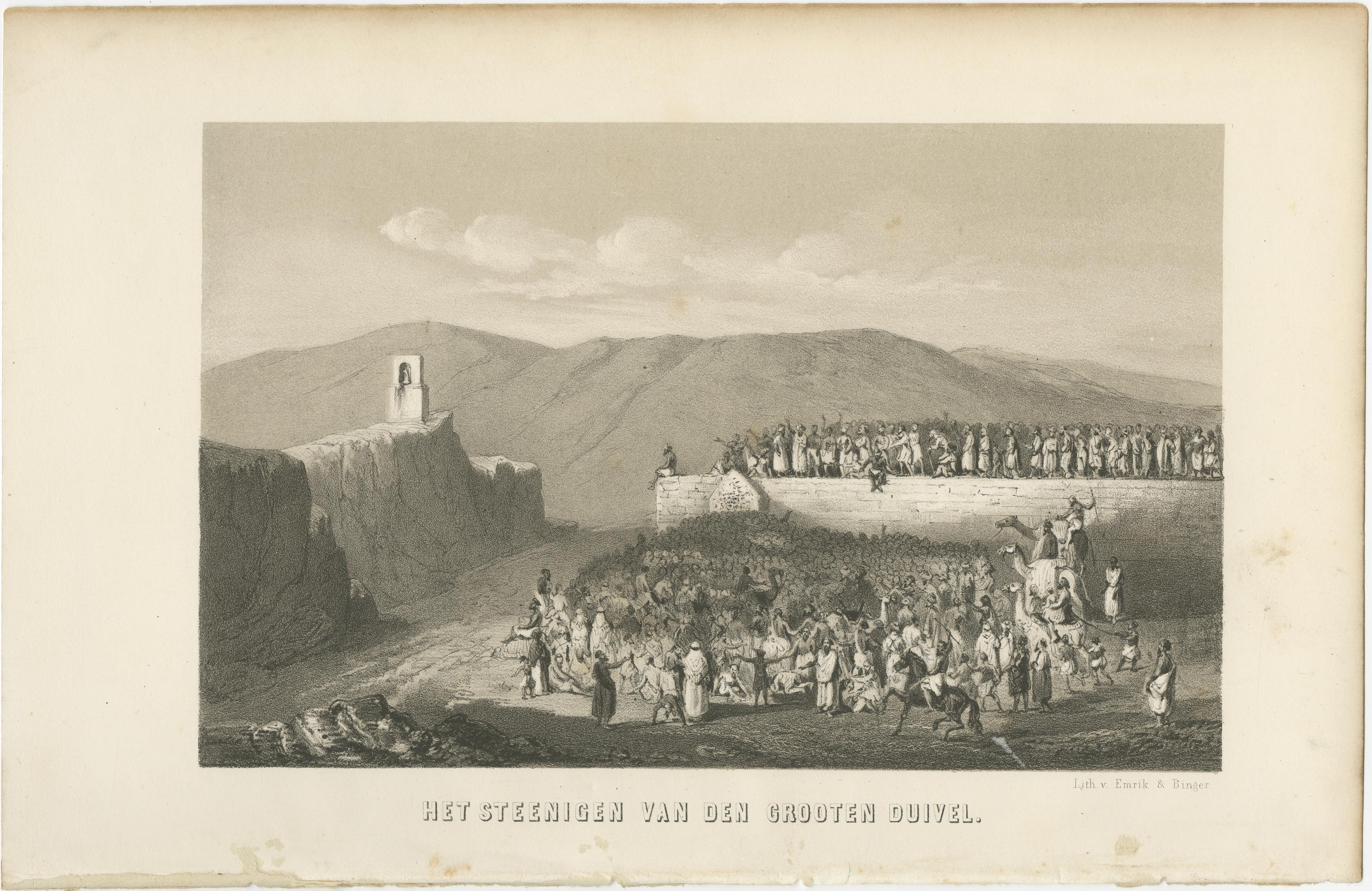 Islamic Ritual Print Stoning of the Great Devil, 1863 Dutch Lithograph Papel en venta