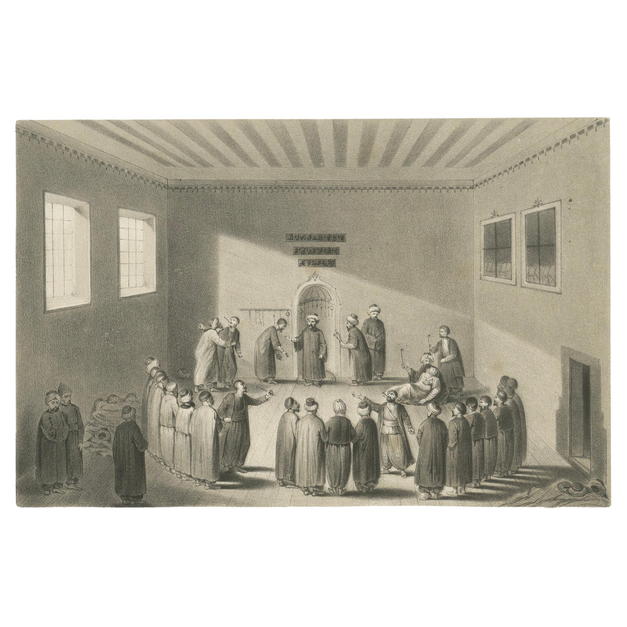 Islamic Ritual Print Whirling Dervishes Ceremony Scene V, 1863 Dutch Lithograph

This expressive lithograph titled “De Dans der Derwîsjen (Vijfde tooneel)” or “The Dance of the Dervishes (Fifth Scene)” portrays an advanced moment in the sacred