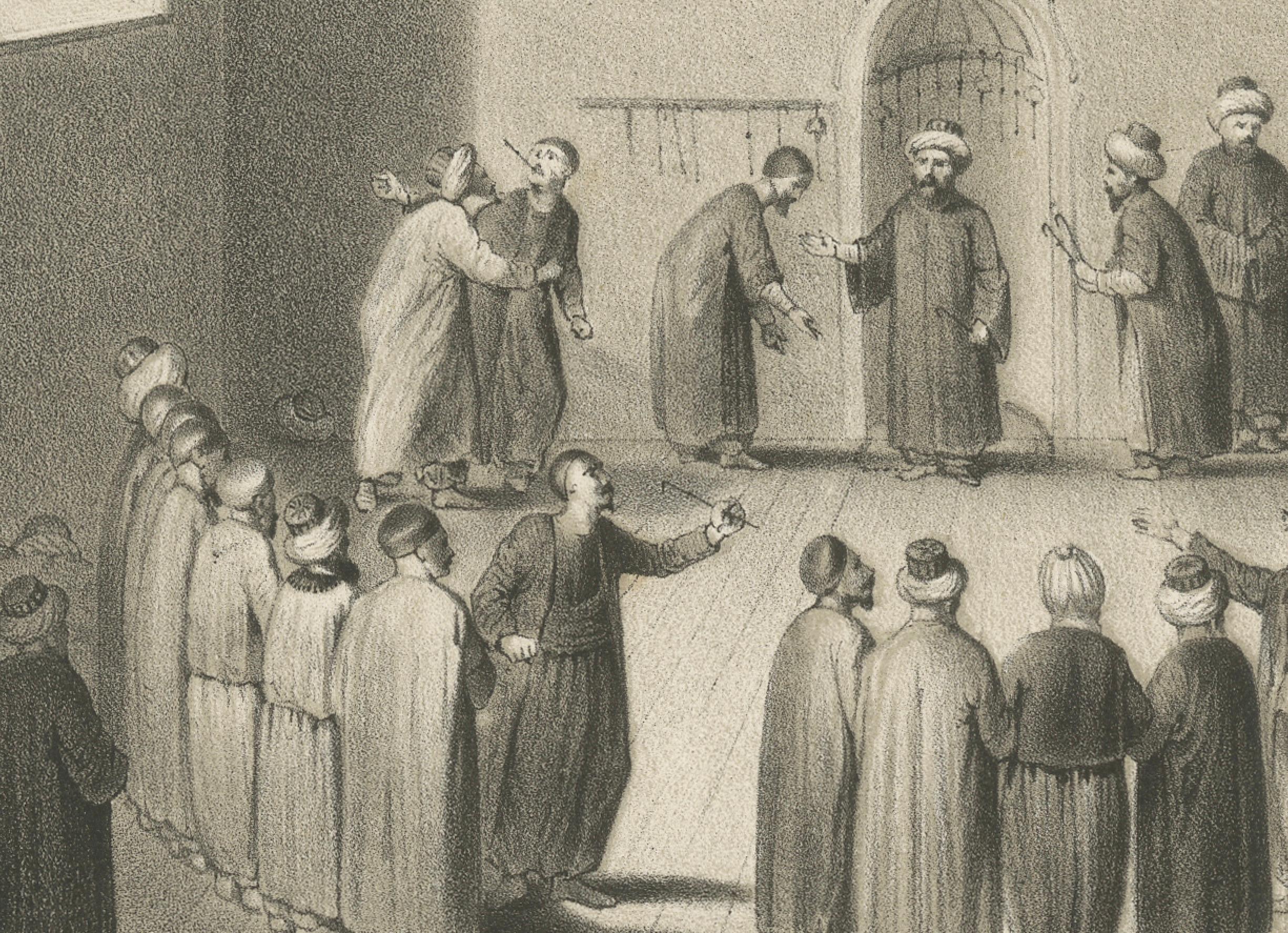 Islamic Ritual Print Whirling Dervishes Ceremony Scene V, 1863 Dutch Lithograph Grabado en venta