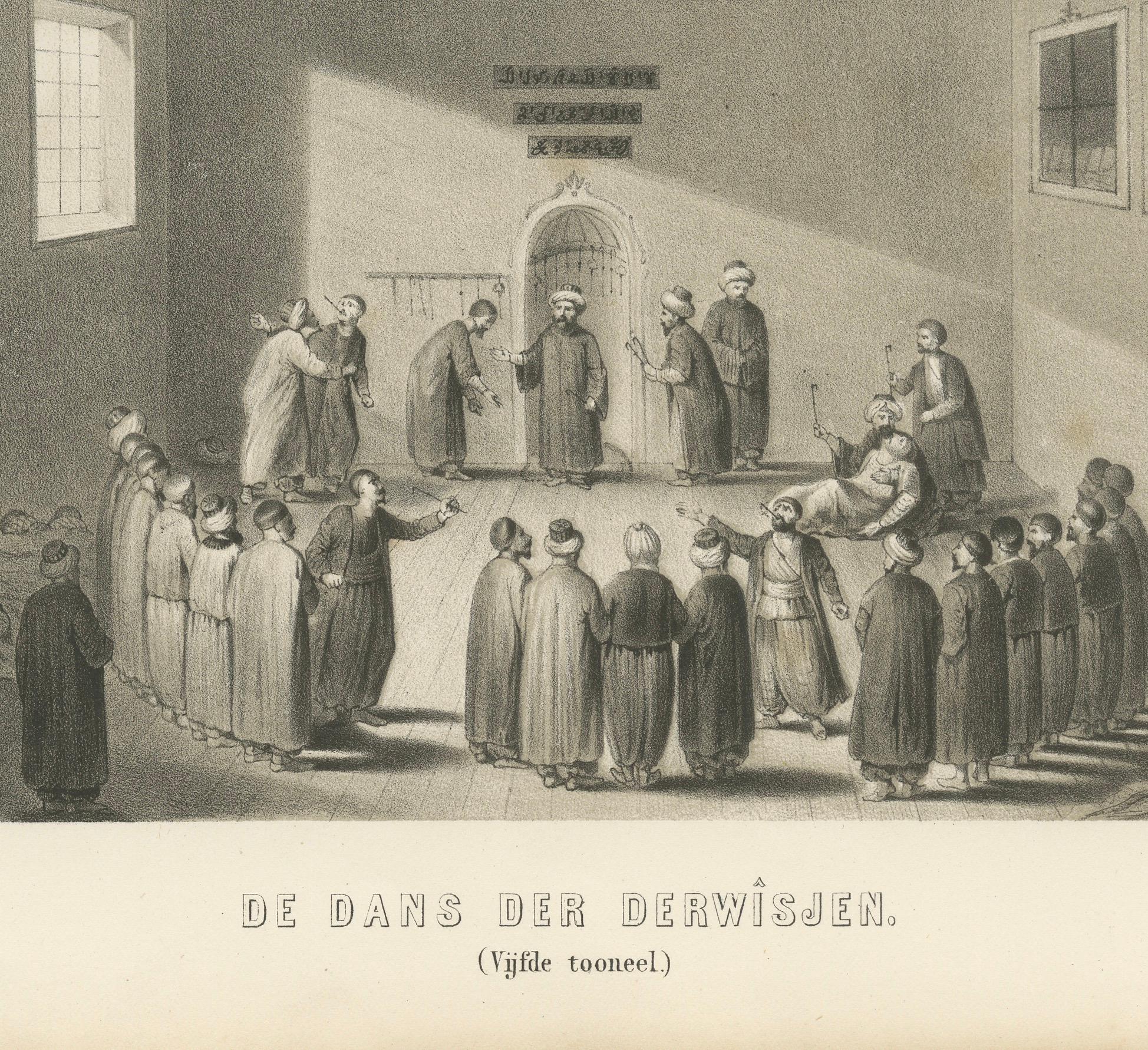 Islamic Ritual Print Whirling Dervishes Ceremony Scene V, 1863 Dutch Lithograph Mediados del siglo XIX en venta