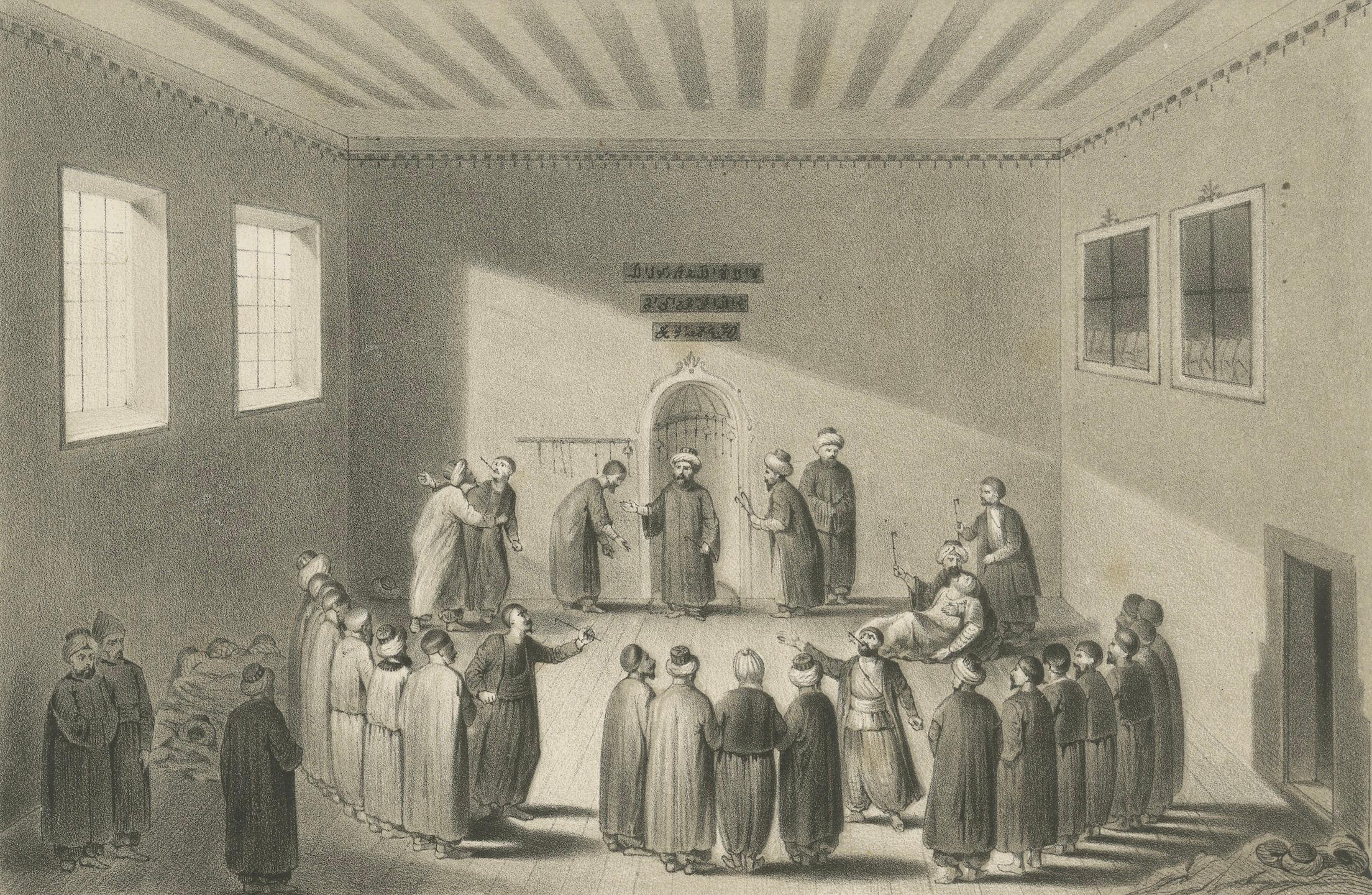 Islamic Ritual Print Whirling Dervishes Ceremony Scene V, 1863 Dutch Lithograph Papel en venta