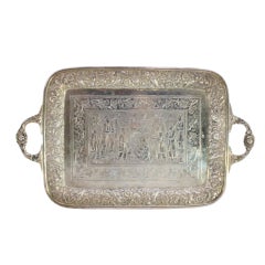 Islamic-style silver tray w/ raised florals & scene of veneration