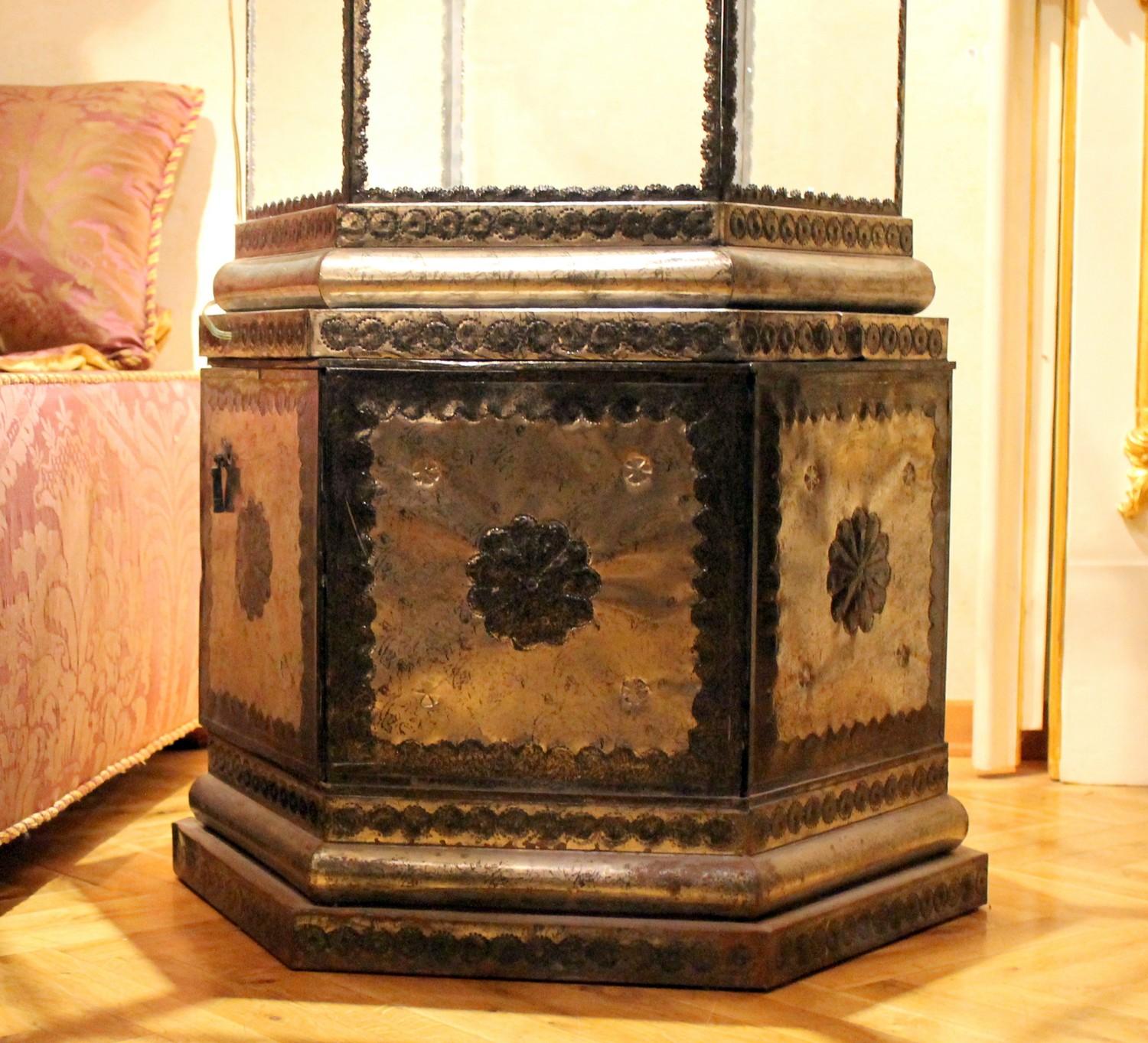 Hand-Crafted Islamic Style Silvered Metal and Glass Illuminated Display Cabinet with Shelves