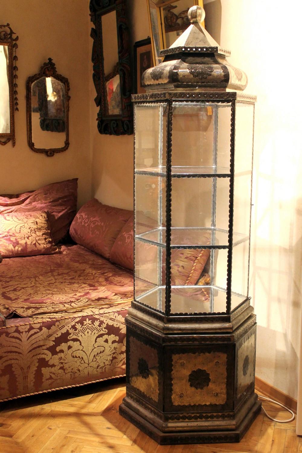 19th Century Islamic Style Silvered Metal and Glass Illuminated Display Cabinet with Shelves