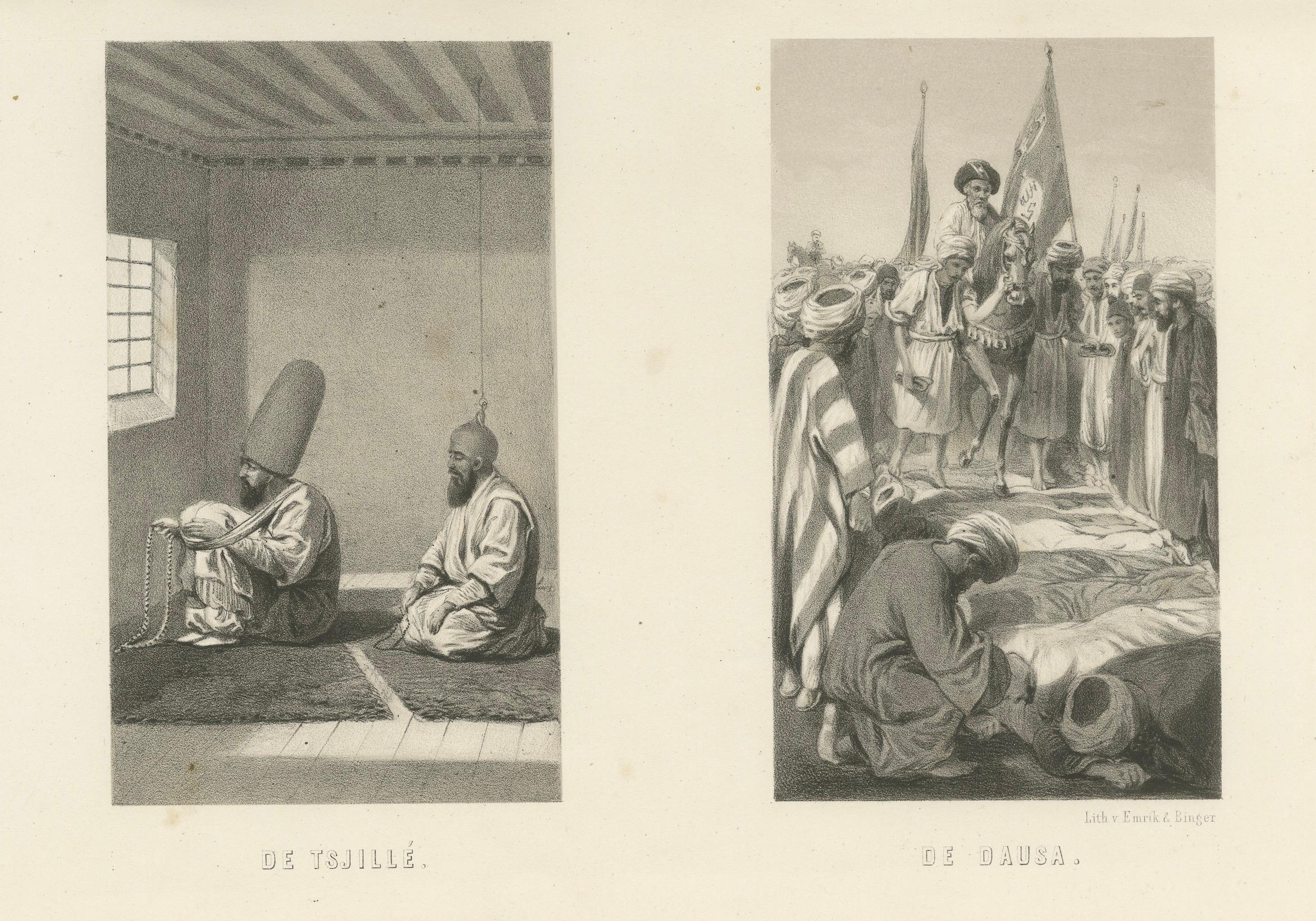 Islamic Sufi Ritual Print The Tschillé and the Dausa, 1863 Dutch Lithograph Papel en venta