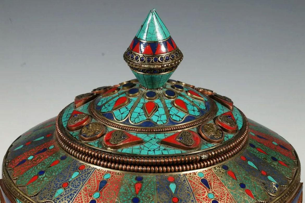 Contemporary Islamic Tibetan Nepalese Enameled Metal Jar