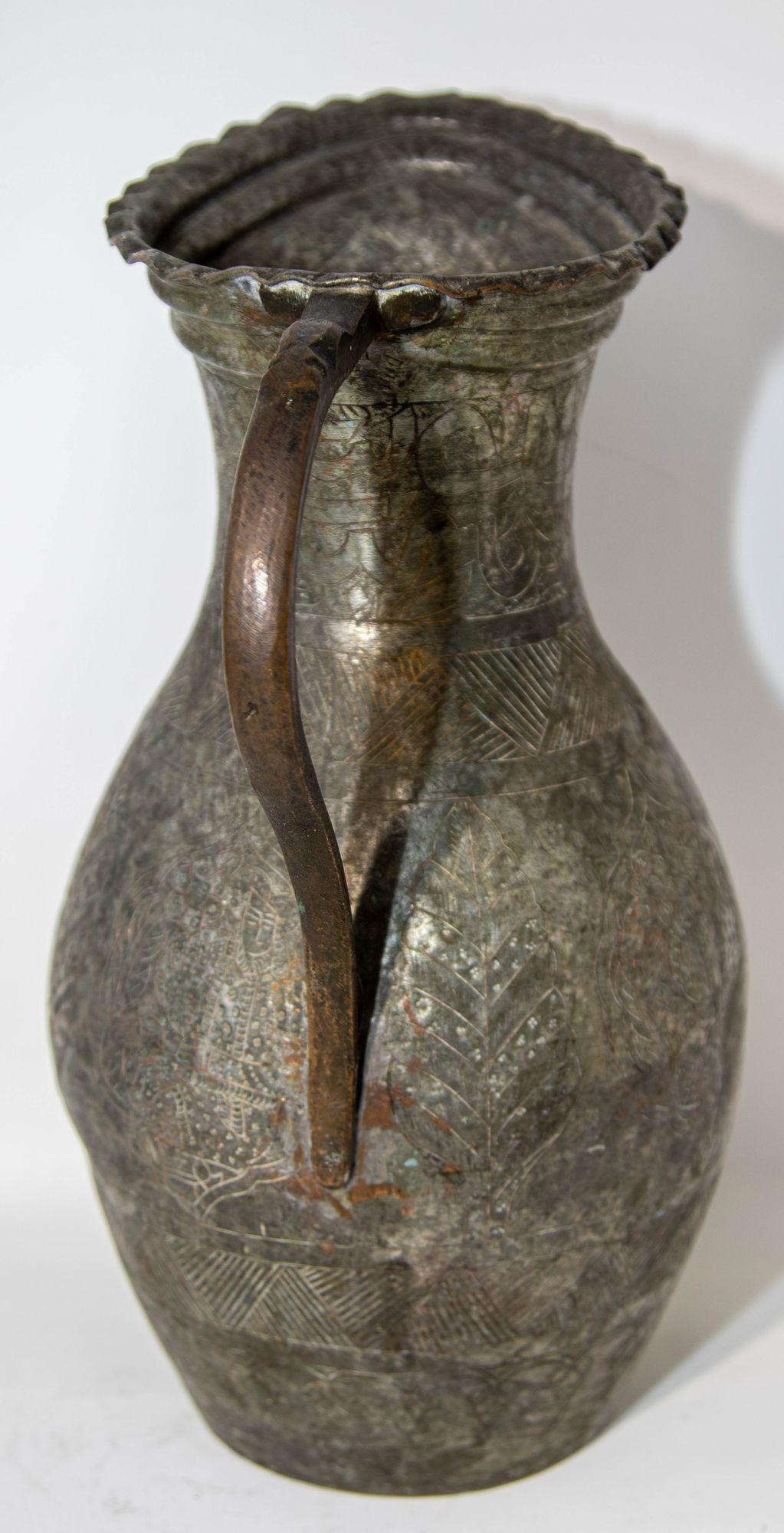 Islamic Tinned Copper Pitcher Middle Eastern Persian Antique 19th Century Ewer For Sale 6