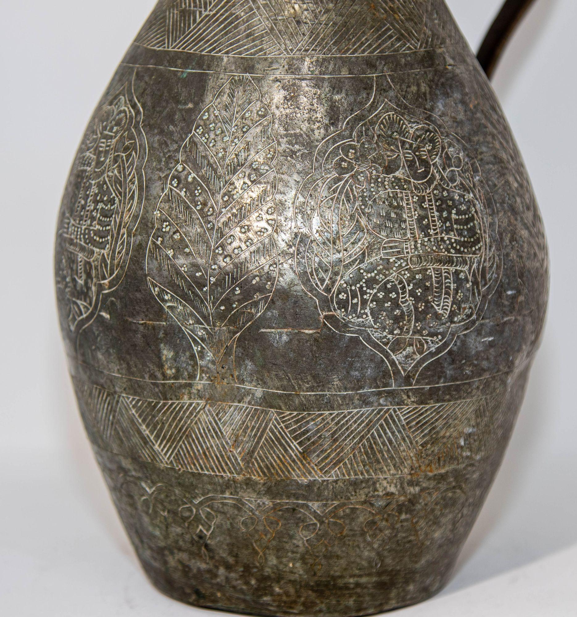 Islamic Tinned Copper Pitcher Middle Eastern Persian Antique 19th Century Ewer For Sale 8