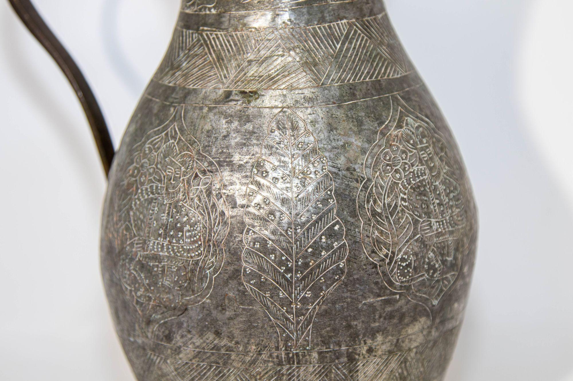 Islamic Tinned Copper Pitcher Middle Eastern Persian Antique 19th Century Ewer In Good Condition For Sale In North Hollywood, CA