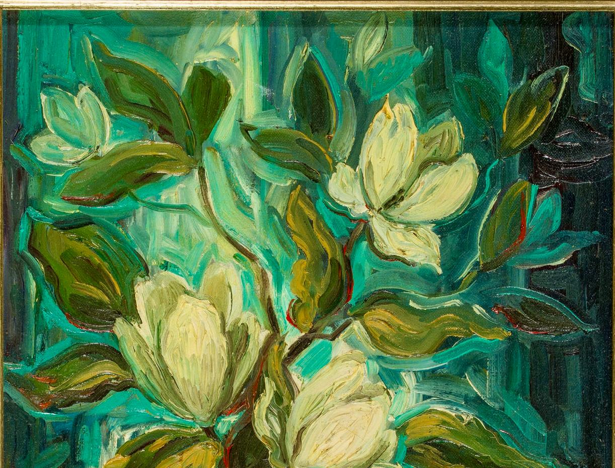 Nature morte italienne signée des années 1960 avec des fleurs - Noir Figurative Painting par Island Guizzo