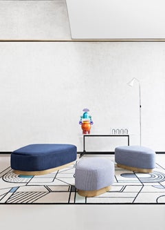 Island Large Pouf in Lario Blue Upholstery & Brass Base by Serena Confalonieri