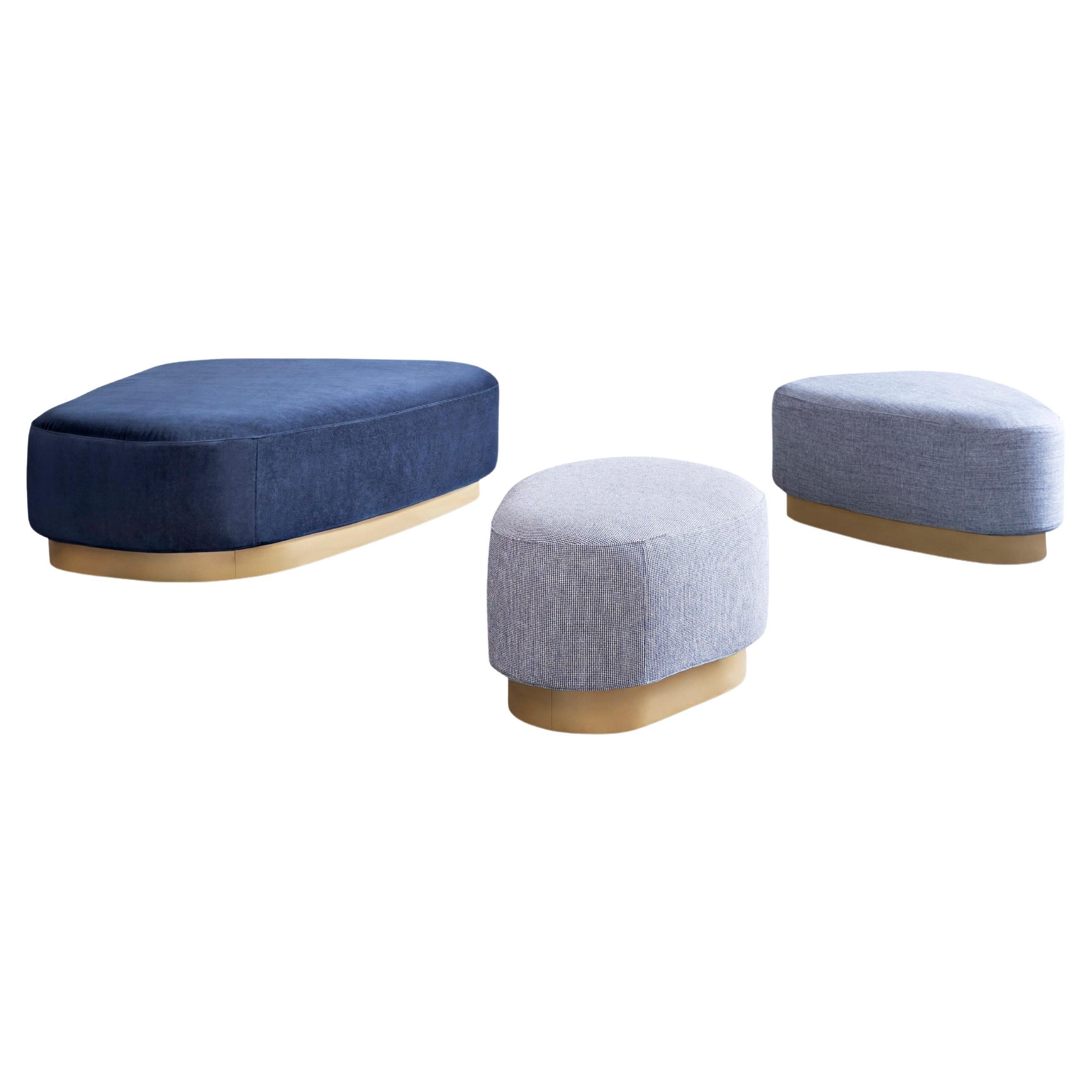 Island Large Pouf in Lario Blue Upholstery & Brass Base by Serena Confalonieri For Sale