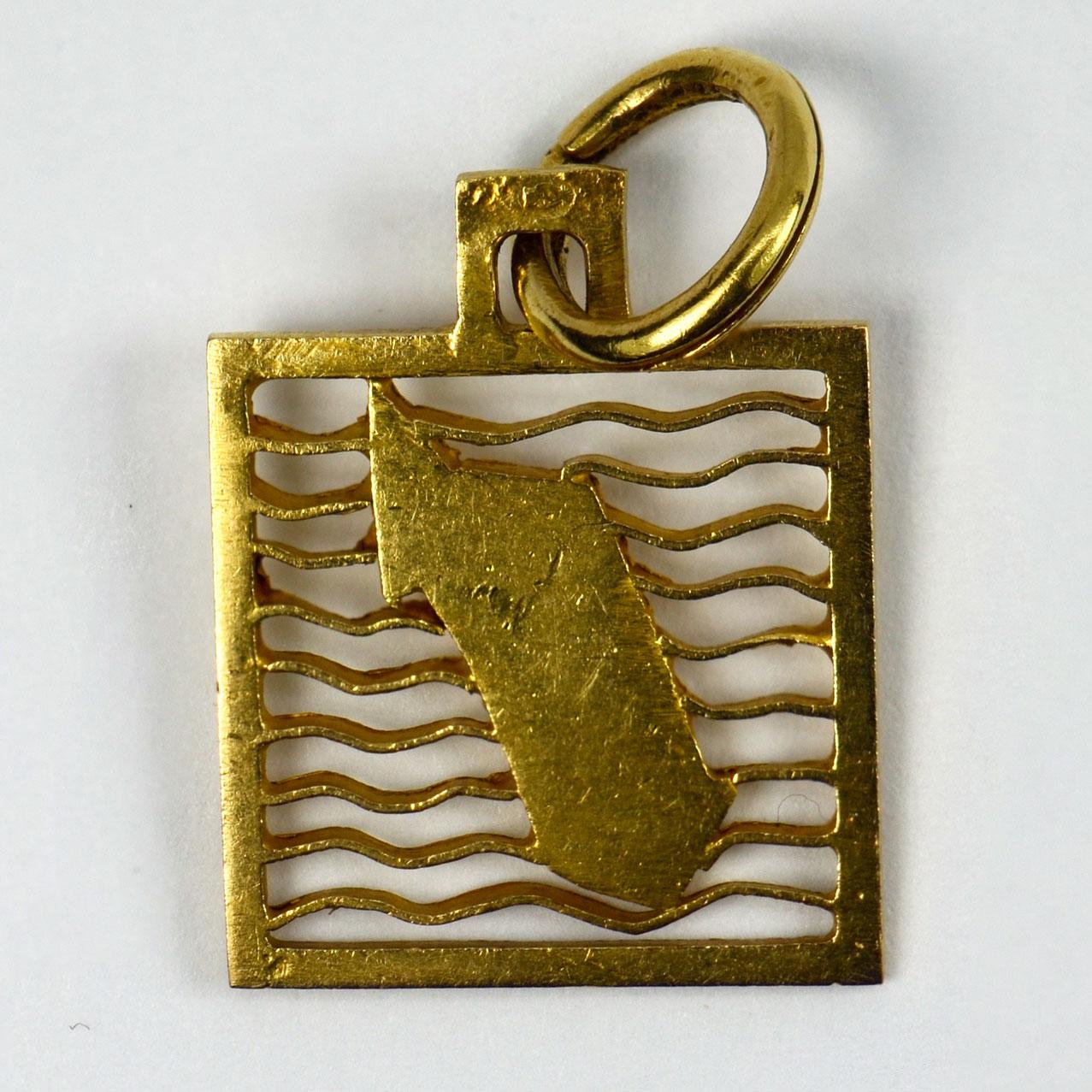Women's or Men's Island Map 18 Karat Yellow Gold Square Charm Pendant For Sale