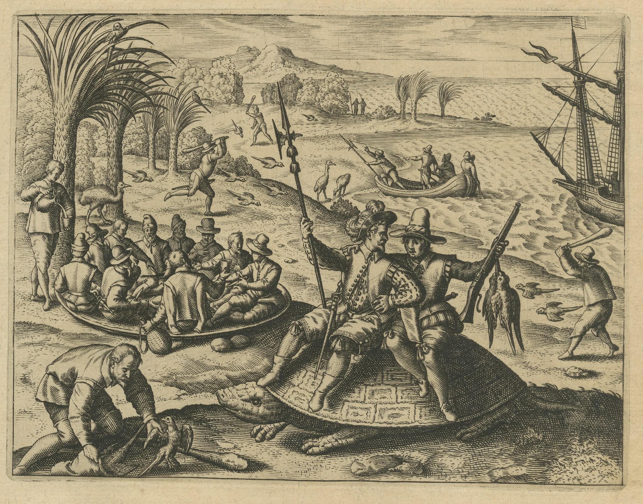 Gravé L'île des géants : La gravure de Bry des merveilles de Mauritius, 1601 en vente