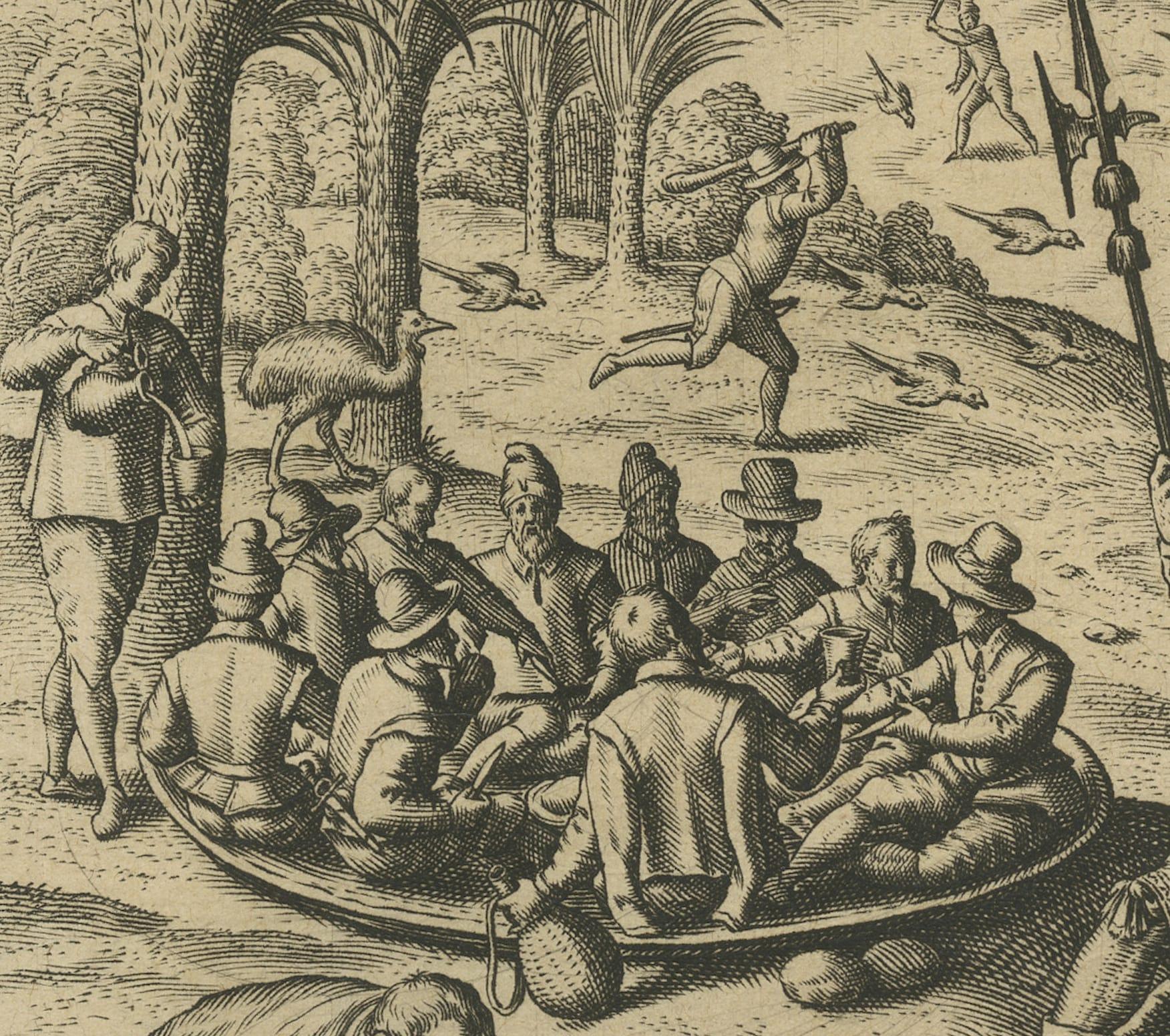 17ème siècle L'île des géants : La gravure de Bry des merveilles de Mauritius, 1601 en vente