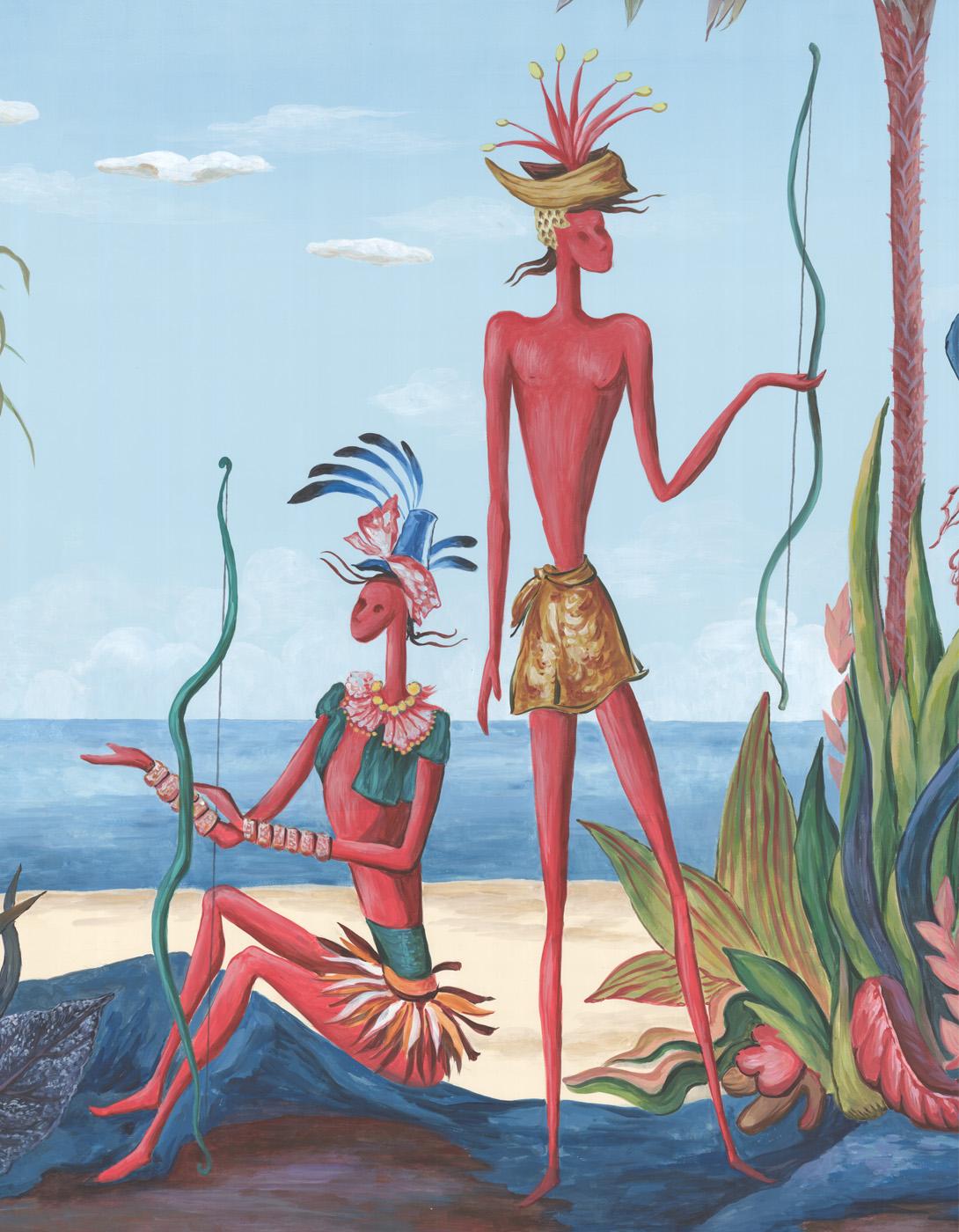 Island Reverie evokes the allure of a tropical coastline.

Figures walk along the fantastical trees and foliage that line the sandy beaches, while dramatized birds and butterflies flutter overhead. The colors displayed by the stylized life forms