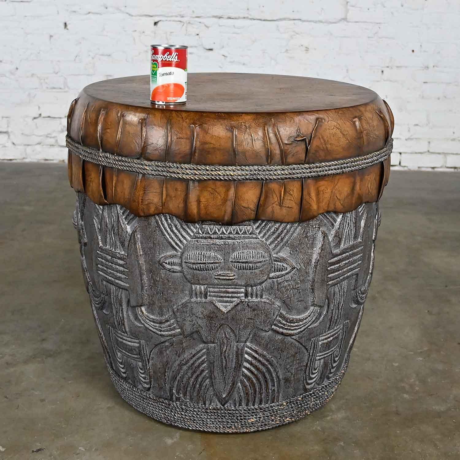 Island Style Boho Chic Resin Tiki Tribal Large Drum End or Accent Table For Sale 3