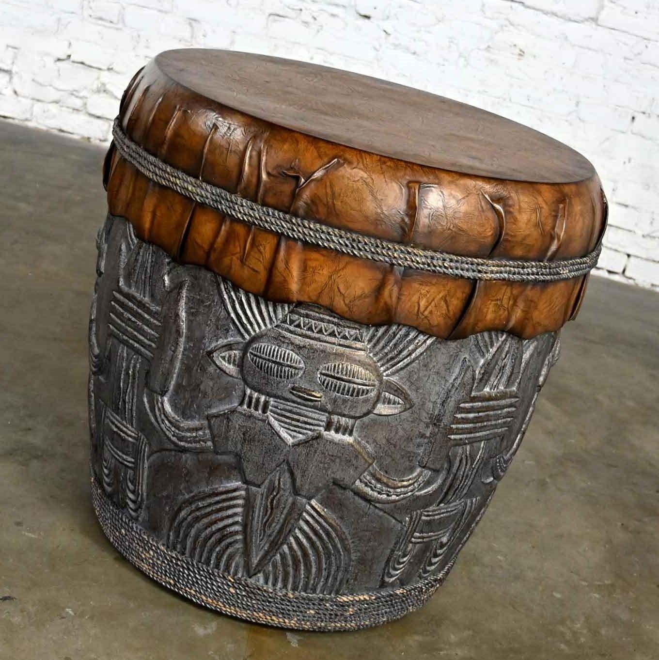 Awesome Island style Boho Chic resin Tiki Tribal large drum end or accent table somewhat in the style of Casa Bique. Beautiful condition, keeping in mind that this is vintage and not new so will have signs of use and wear. We have touched up a few