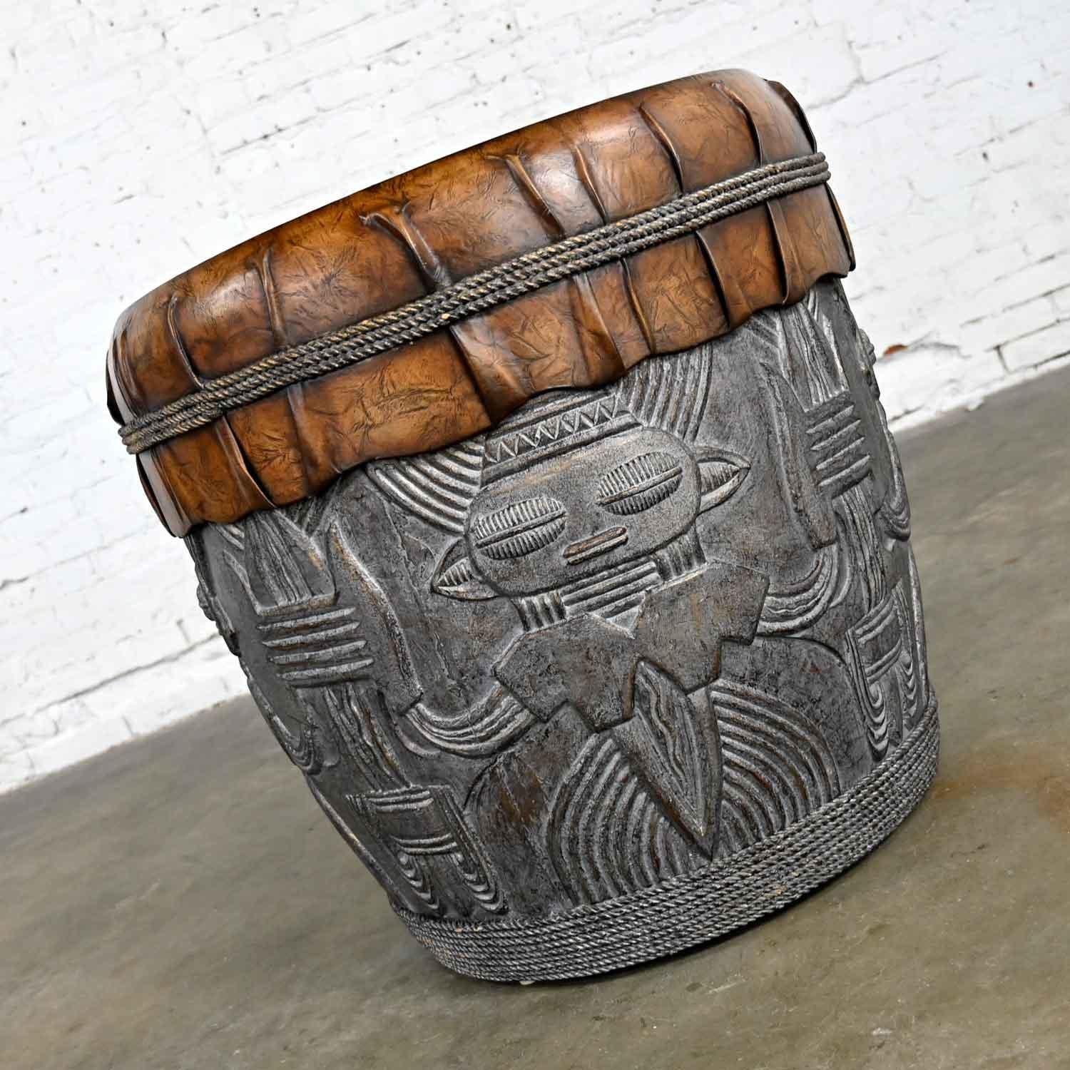 Philippine Island Style Boho Chic Resin Tiki Tribal Large Drum End or Accent Table For Sale
