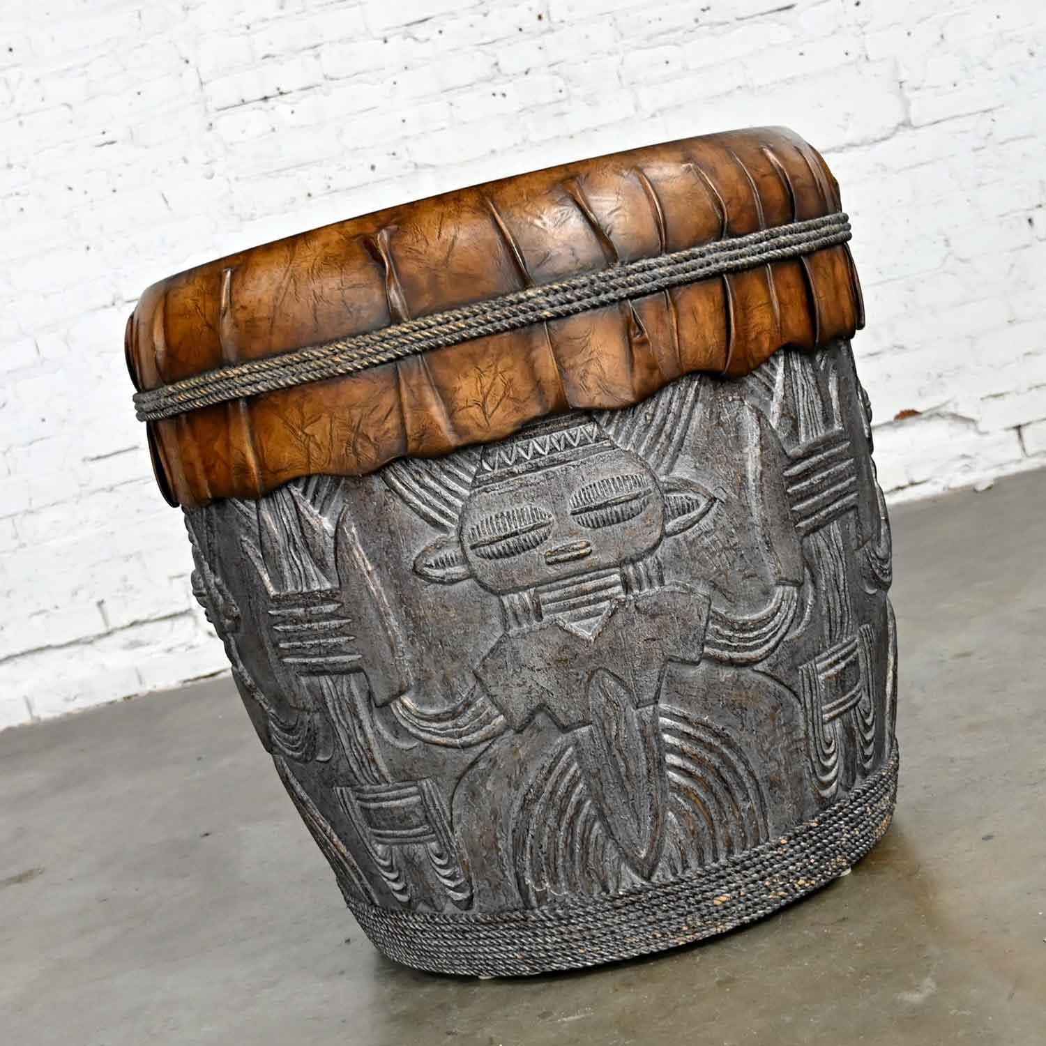 Island Style Boho Chic Resin Tiki Tribal Large Drum End or Accent Table In Good Condition For Sale In Topeka, KS