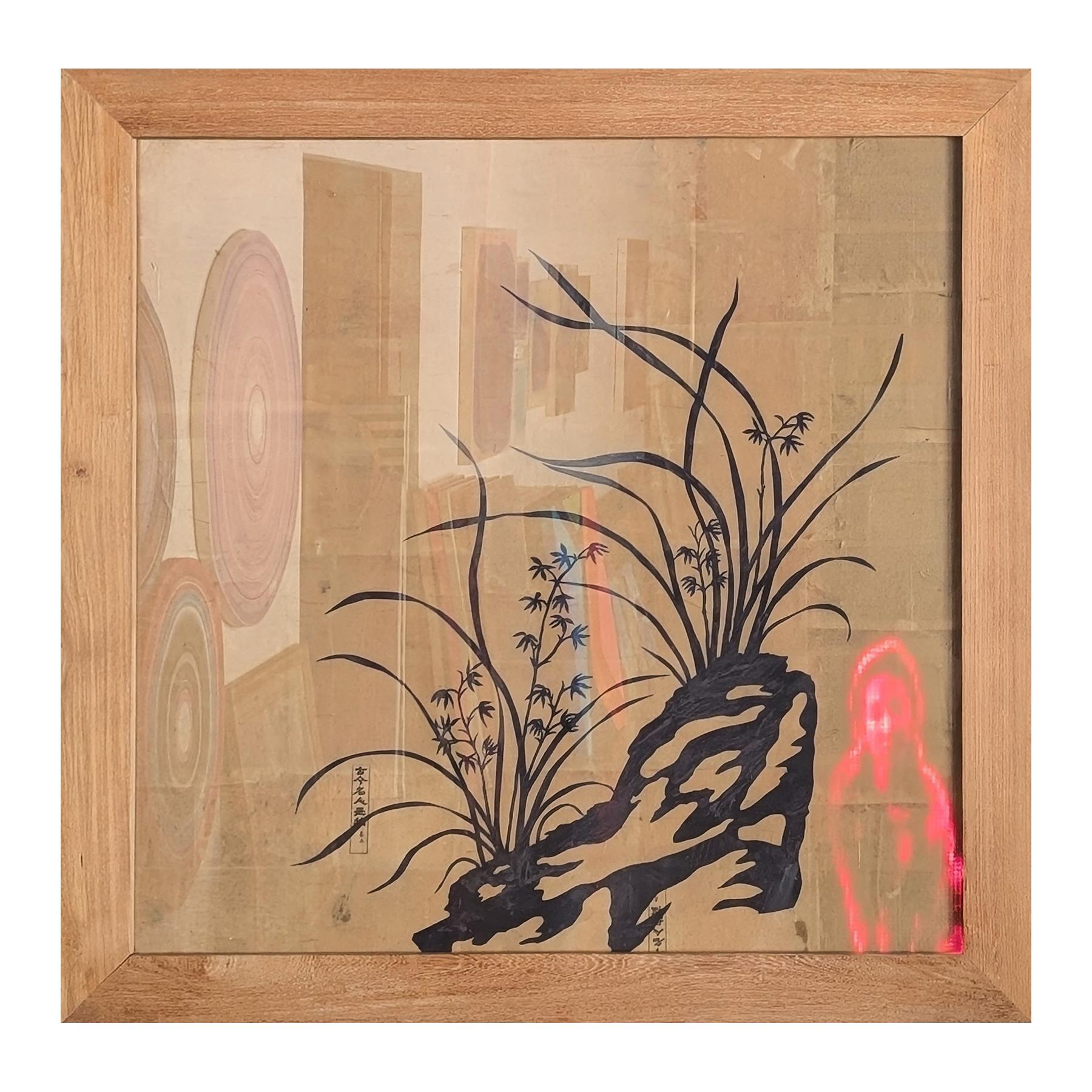 Papercut chinois contemporain d'une nature morte de rochers et d'herbe, rétro-éclairé par une boucle vidéo LED d'une figure féminine dansante en rouge. Un bouton situé au bas de la pièce permet d'activer la vidéo. Lorsque vous appuyez sur cette
