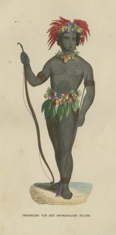 Islander of Murderers Island, Tattooed Figure, Antique Hand-Colored Print, 1854