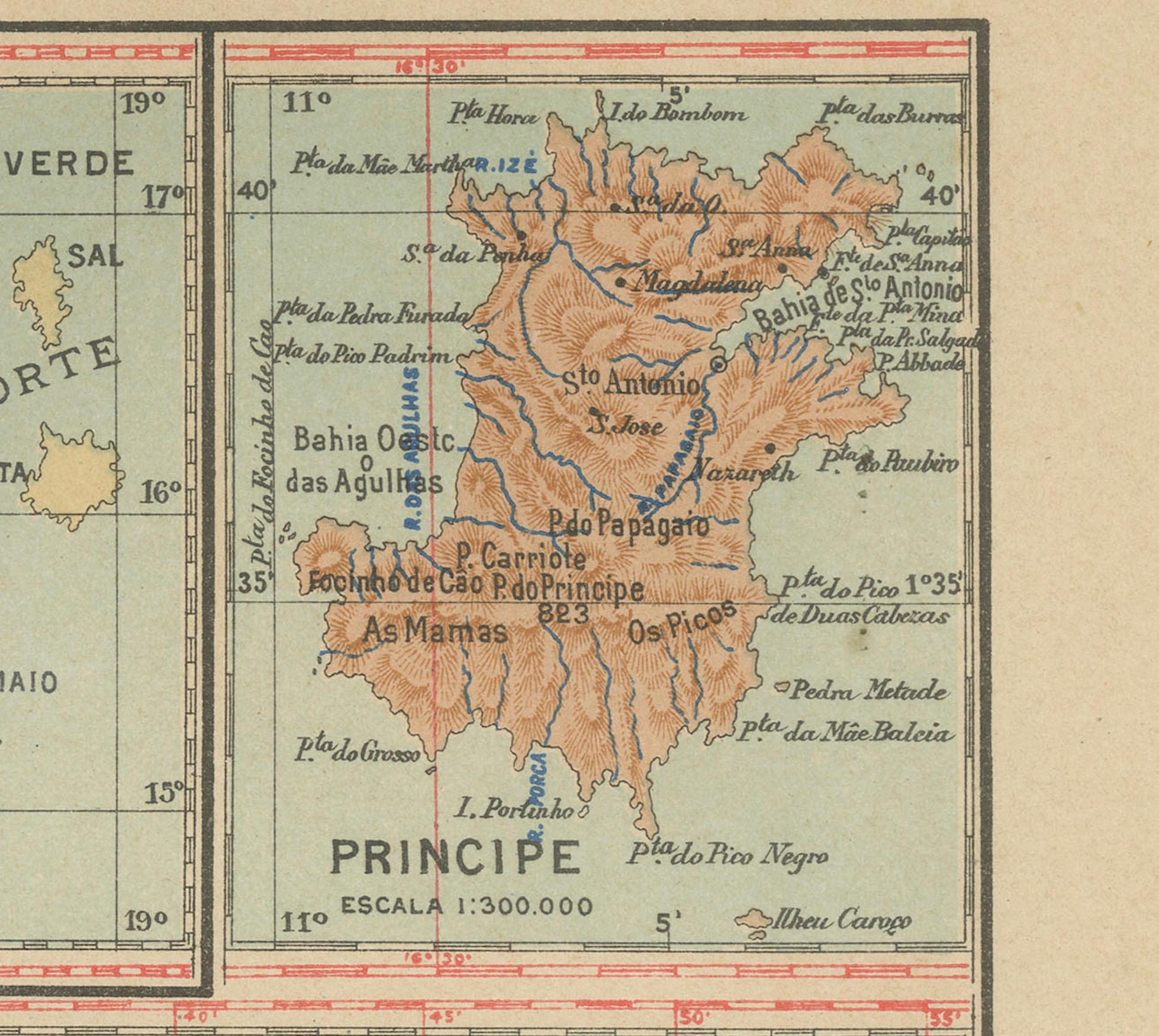 The image is an original historical map from 1903 depicting Portuguese possessions in the Atlantic Ocean, specifically the islands of Cape Verde and the islands of São Tomé and Príncipe. The map is divided into multiple panels, each showing a