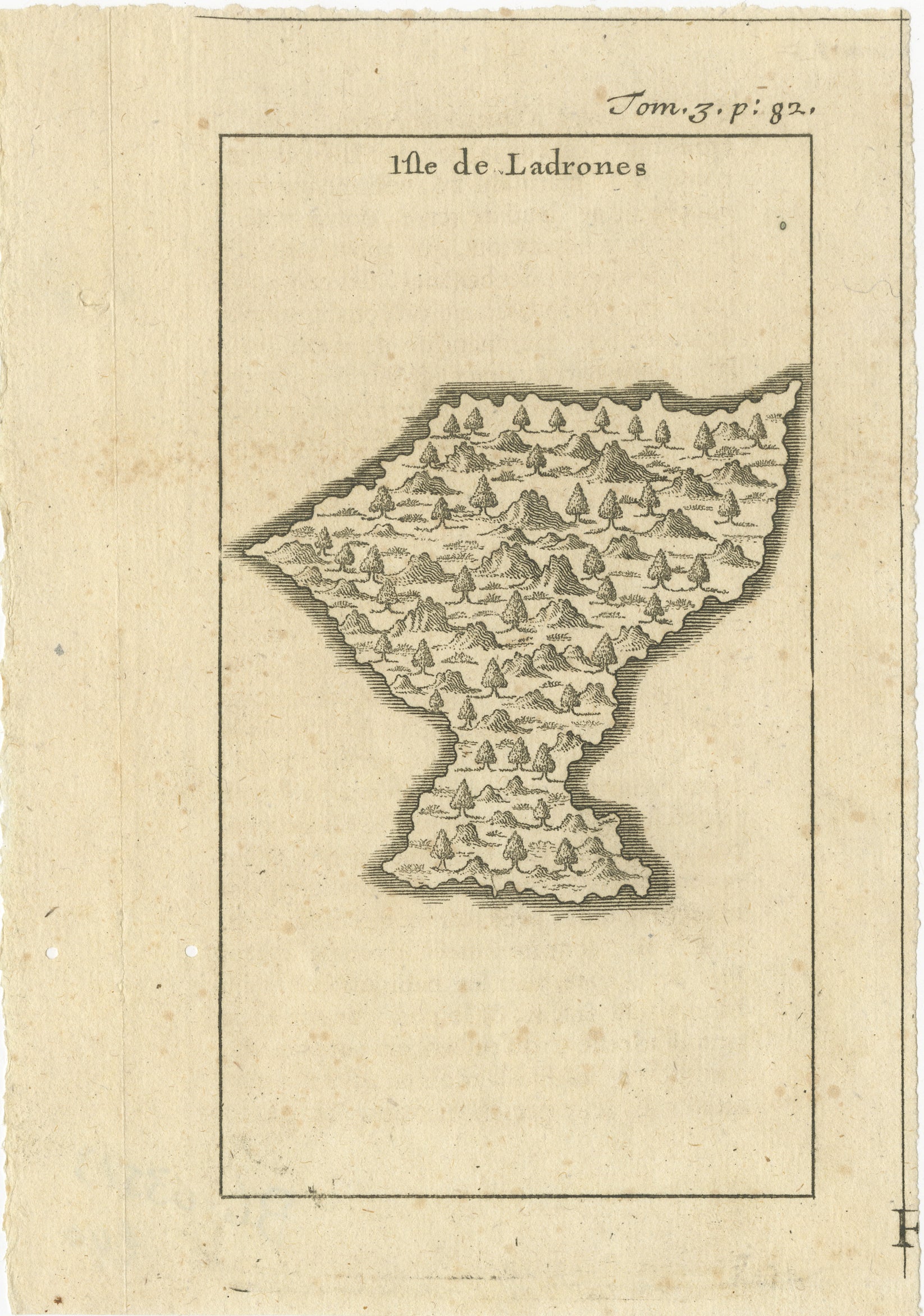 Isle Of You : Carte des îles Mariannes du début du XVIIIe siècle par F. Bernard  

Cette intrigante gravure sur cuivre représente l'île de Ladrones, aujourd'hui connue sous le nom d'îles Mariannes, située dans l'ouest de l'océan Pacifique. La carte