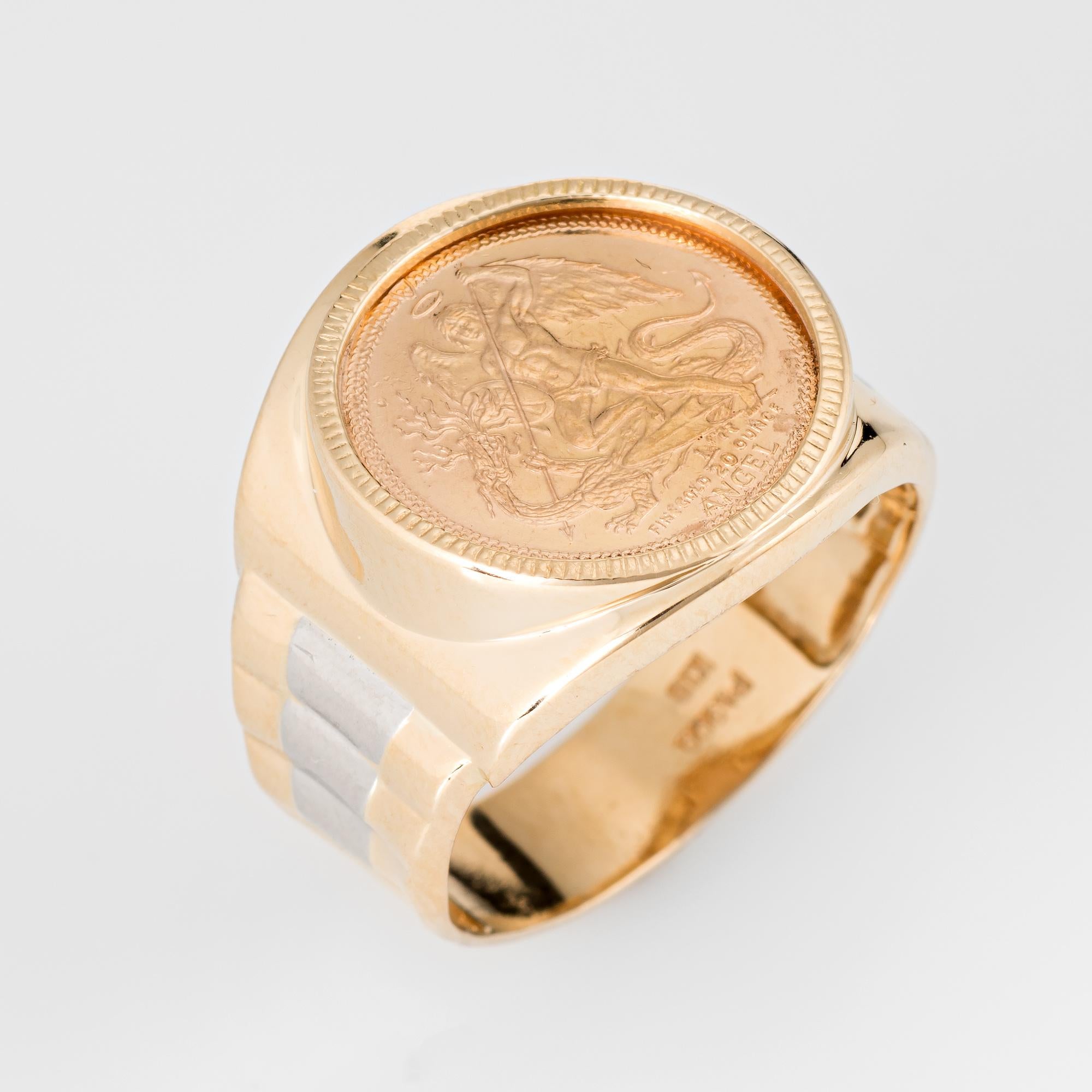 Stylish vintage coin ring (circa 1990) crafted in 18 karat yellow gold and 900 platinum. 

The Isle of Man coin (finegold 1/20 ounce) features the archangel Michael slaying a dragon. The low rise ring (2.5mm - 0.09 inches) sits comfortably on the