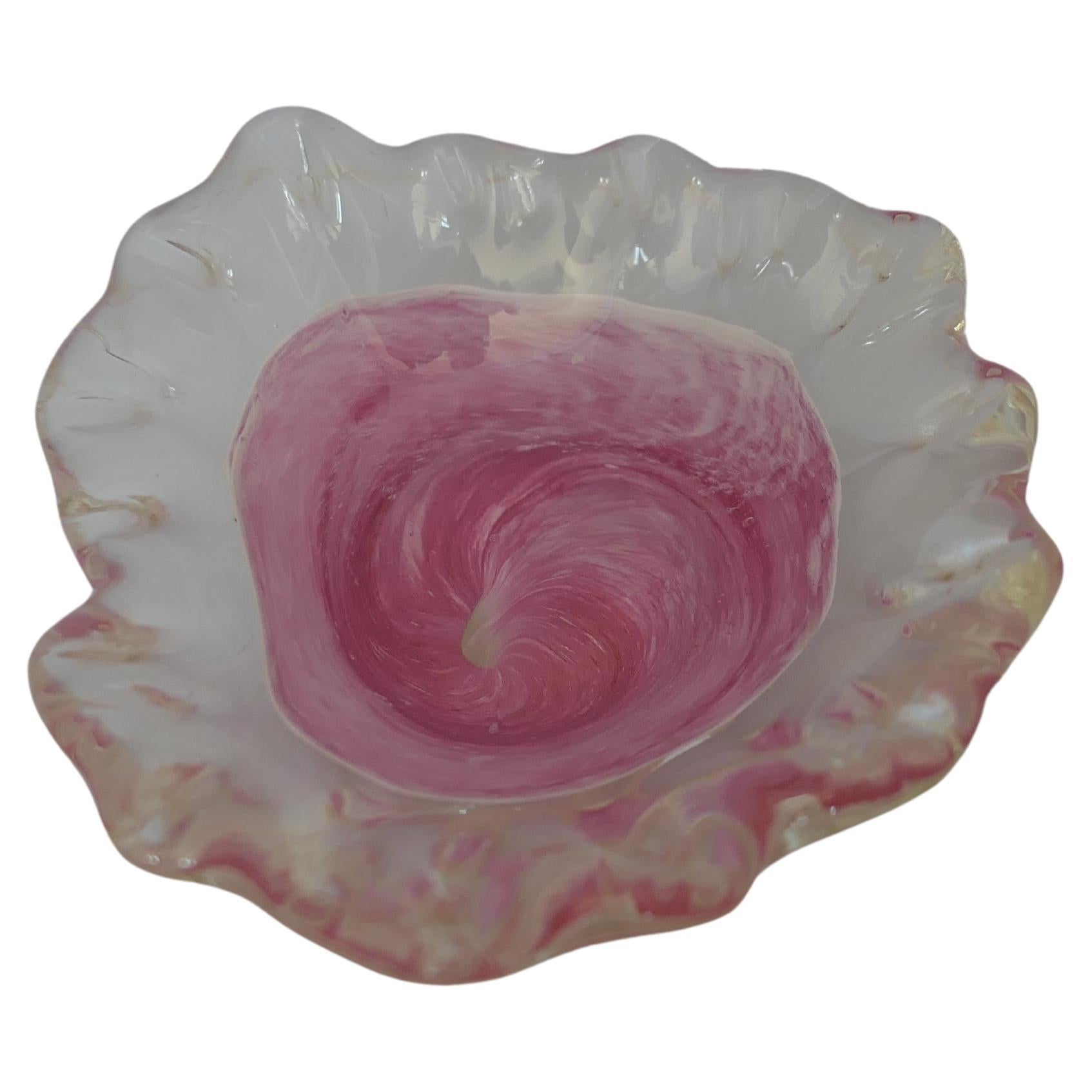 Isle of Wight Art Glass Cased Dish in Shades of Pink, with a Ruffled top    For Sale