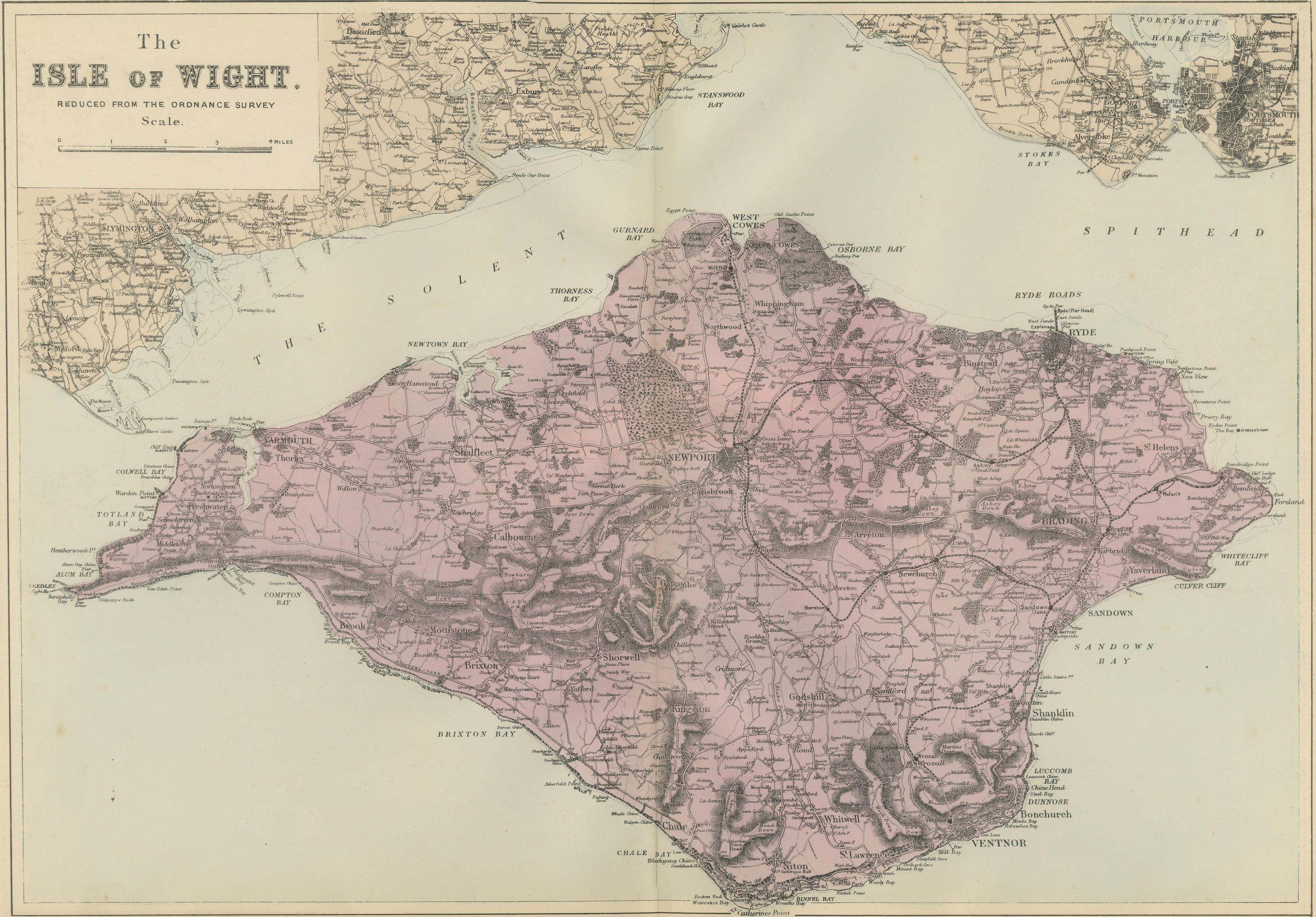 Isle of Wight Map, Ordnance Survey Style, Bacon London, 1885