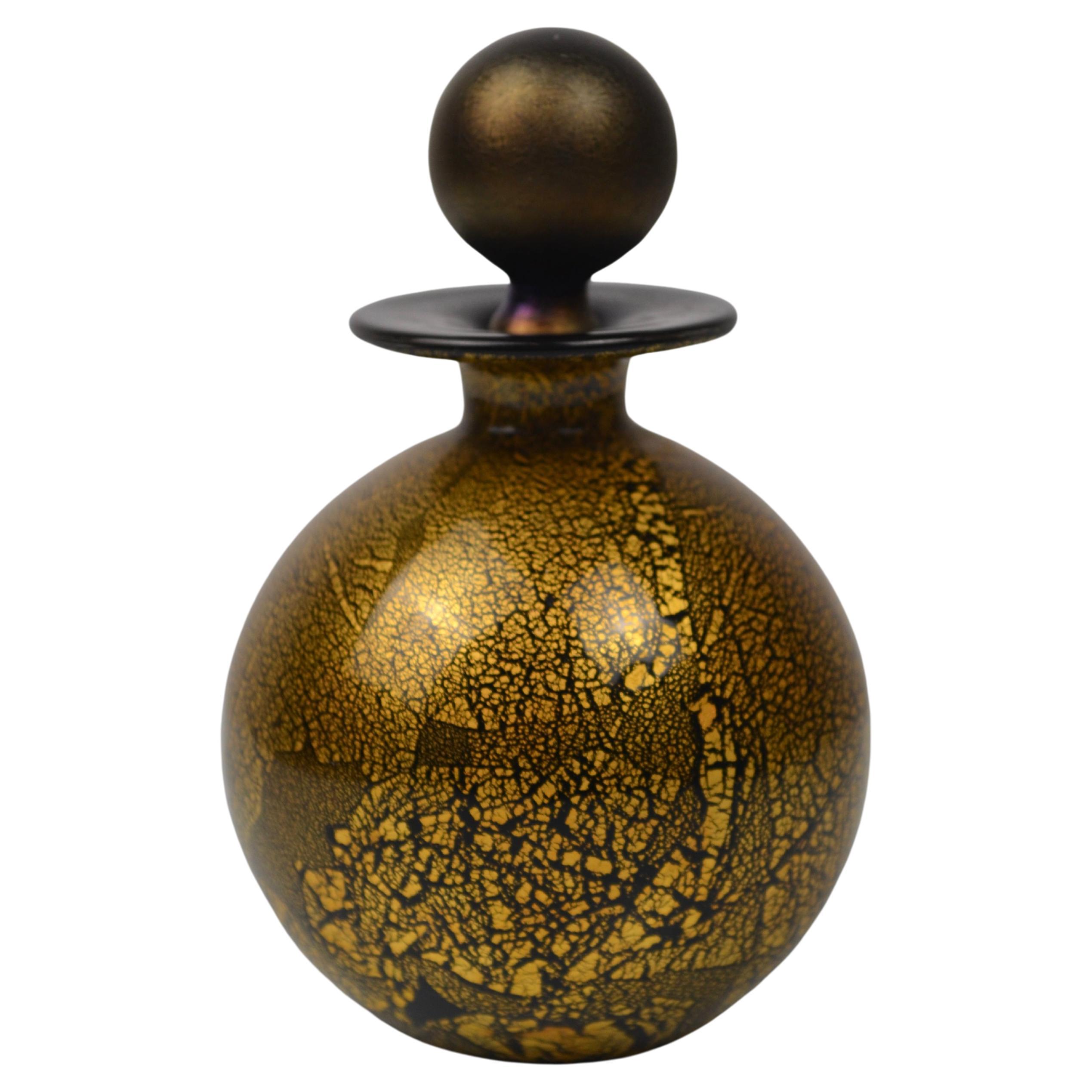 Isle of Wight Studio Glass Perfume Bottle – Black 
Gold Leaf Art Glass, Vintage