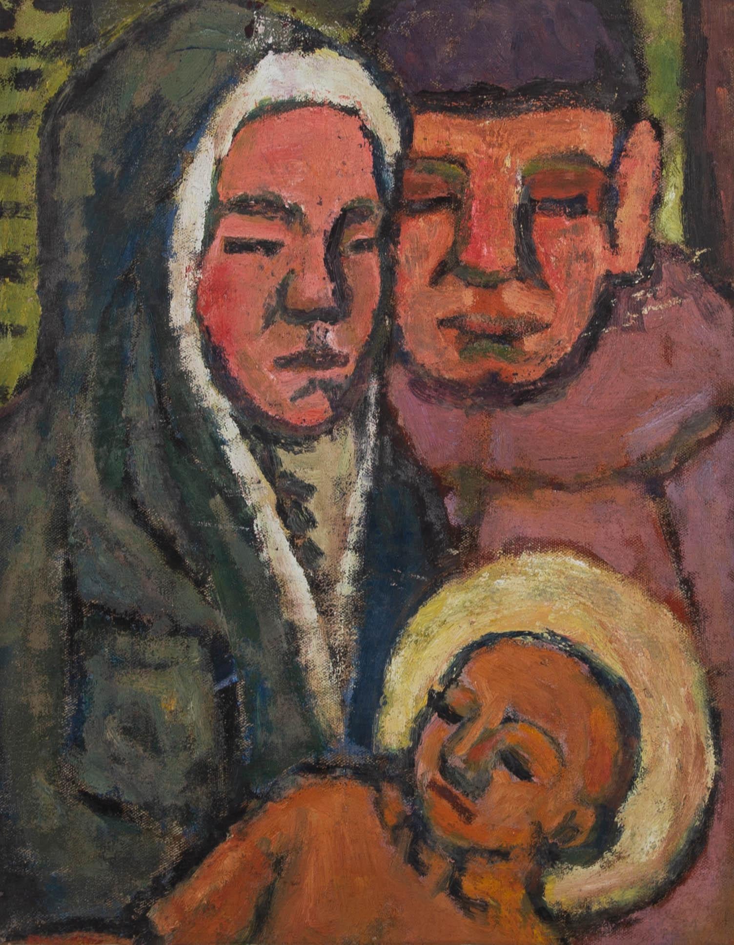 A beautiful and warm family portrait of Mary, Joseph and infant Jesus. The artist has used simplistic form and earthy colours to add an element of humility and groundedness to the sanctified family.

The painting is on canvas, cut from its