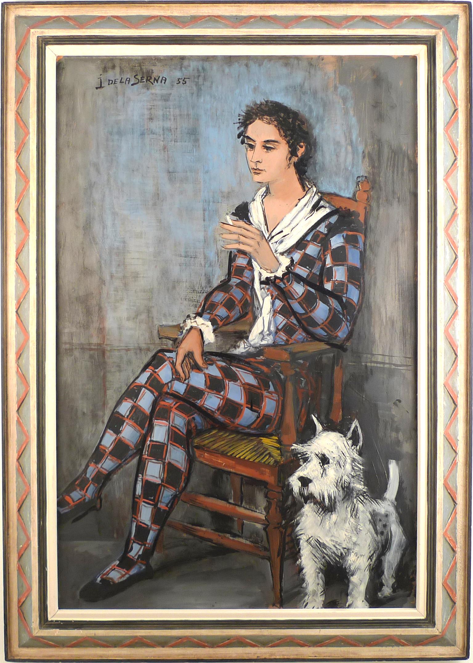 „Harlequin und sein Hund“,  Ölgemälde auf Karton des 20. Jahrhunderts von Ismael de la Serna  im Angebot 1