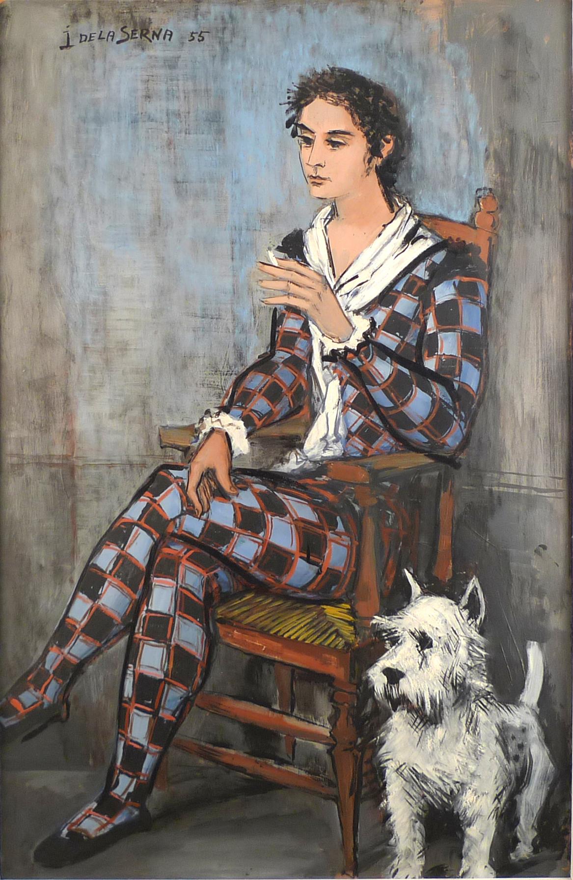 "Harlequin and his dog",  20th Century oil on cardbard by Ismael de la Serna 