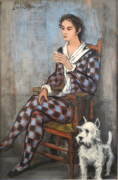 Vintage "Harlequin and his dog",  20th Century oil on cardbard by Ismael de la Serna 