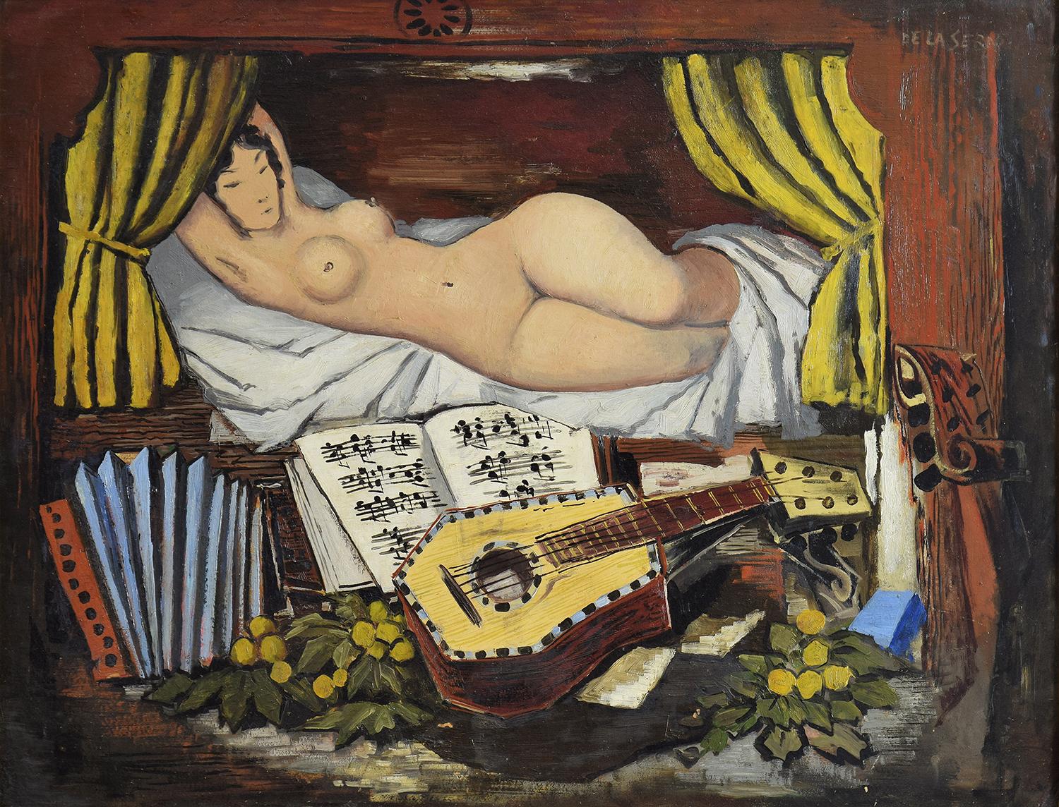 Ismael de la Serna Nude Painting – Jeune Fille à l'Accordéon von ISMAEL DE LA SERNA - Spanischer Künstler, kubistische Kunst
